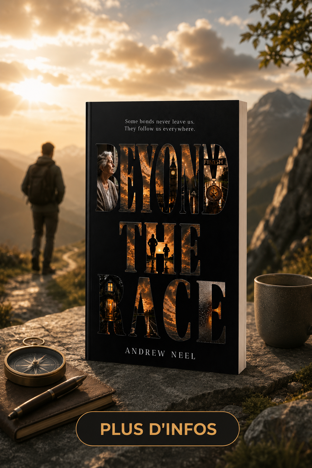 Book titled 'Beyond the Race' by Andrew Neel with a cover featuring a young boy running during sunset, set on a stone surface outdoors. Nearby are a compass, a notebook, a pen, and a coffee mug, with a hiker walking on a mountain trail in the background, under a clouds-filled sky.