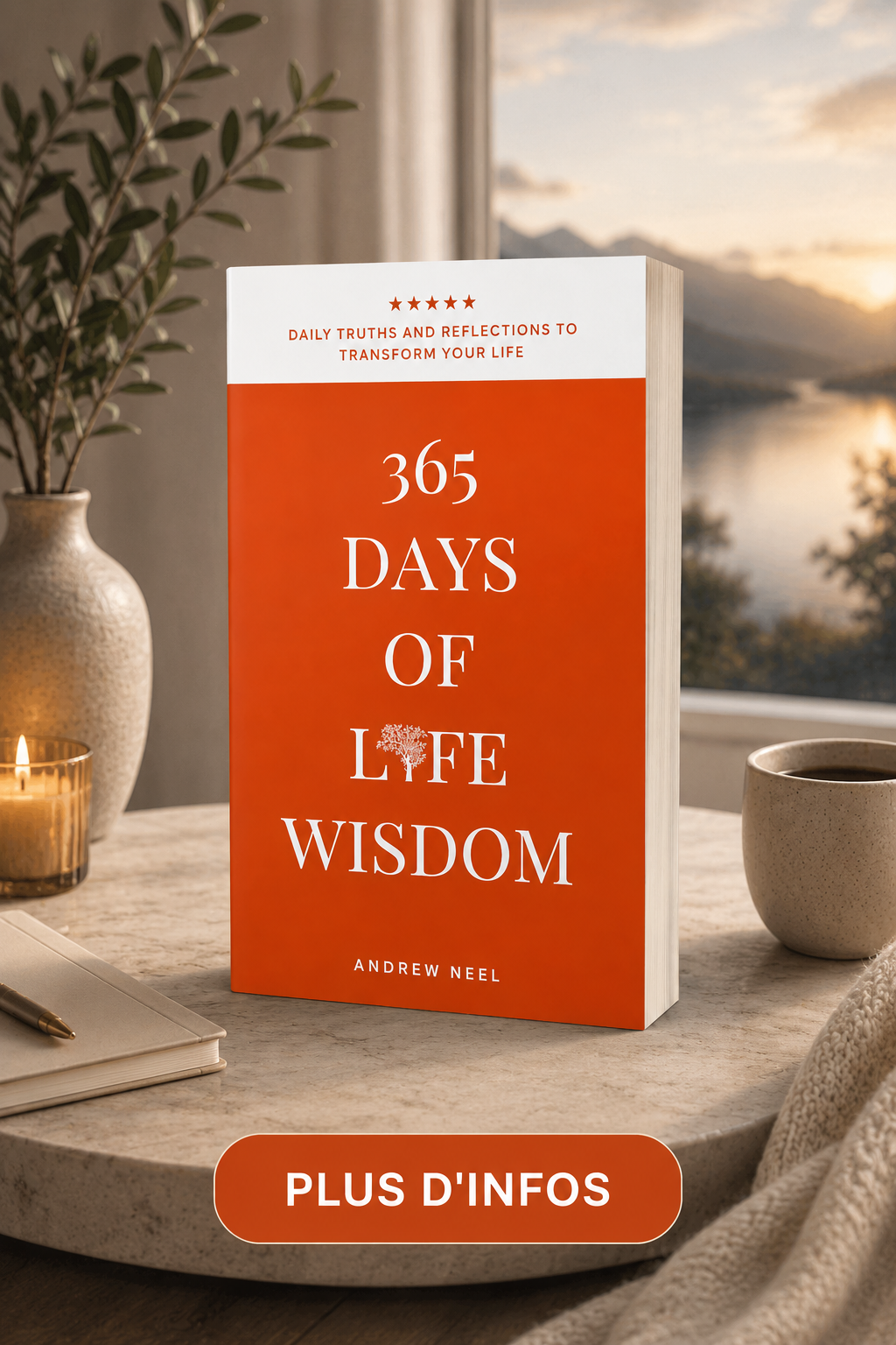 A book titled "365 Days of Life Wisdom" by Andrew Neel on a table with a pen, a cup of coffee, a lit candle, and a potted plant, with a window showing a sunset outside.