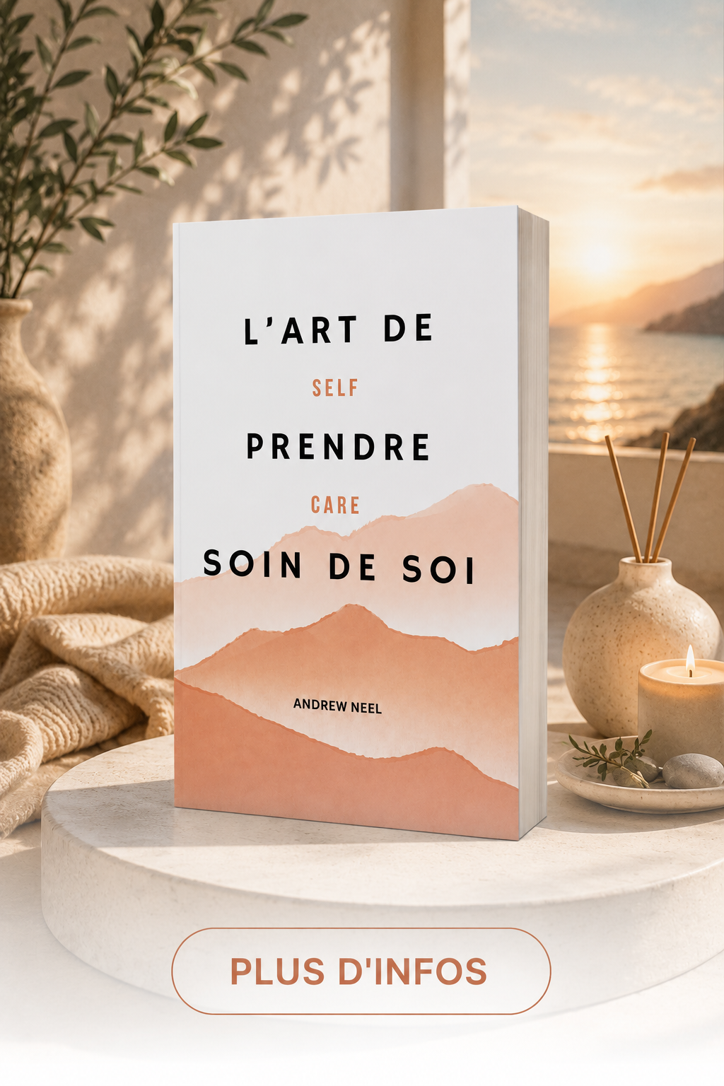 A book titled 'L'art de Self Prendre Care Soin de soi' by Andrew Neel standing on a round white surface. The background shows a sunset over water with mountains. Decorative items include a ceramic vase with a plant, a lit candle, a small dish with stones, and reed diffuser sticks. There's a cozy blanket on the left side and a button at the bottom with 'Plus d'infos'.