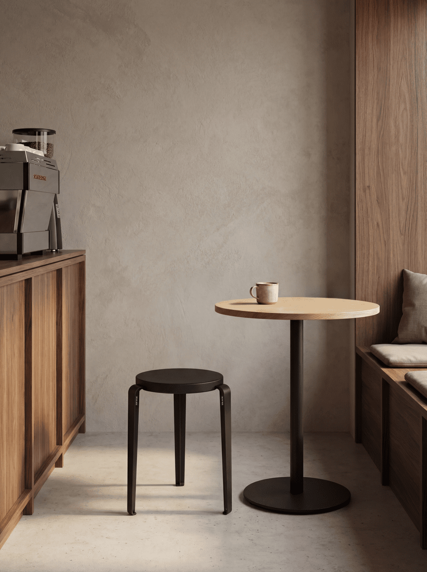 Lou stool e Moka tavolino per cafè, per ristoranti in legno naturale, metallo