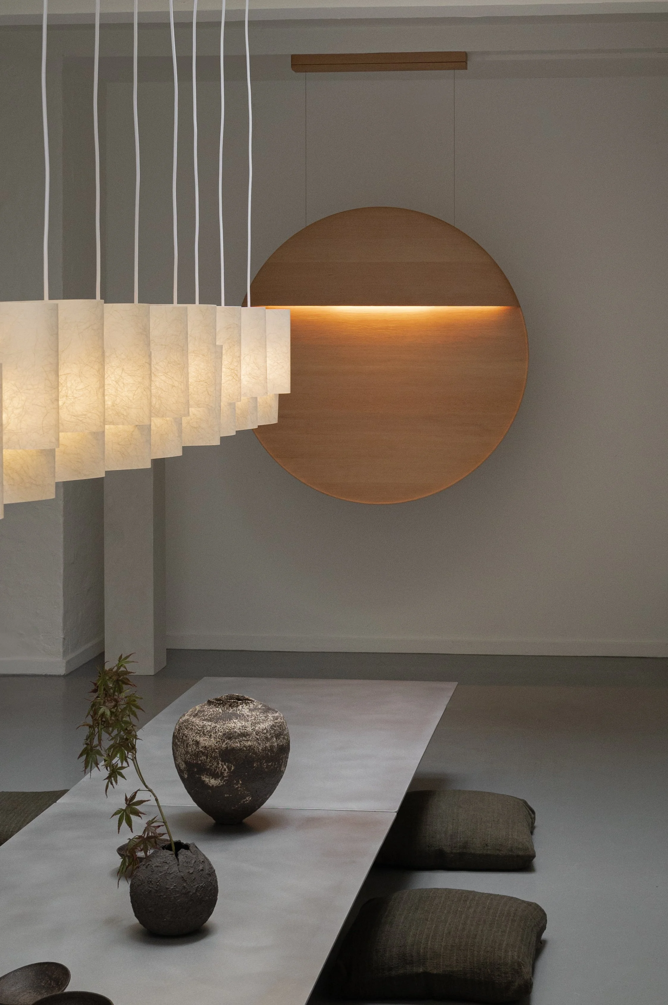 Lampada in Oregon Pine, sculturale, leggera, carta japanese, fibre naturali