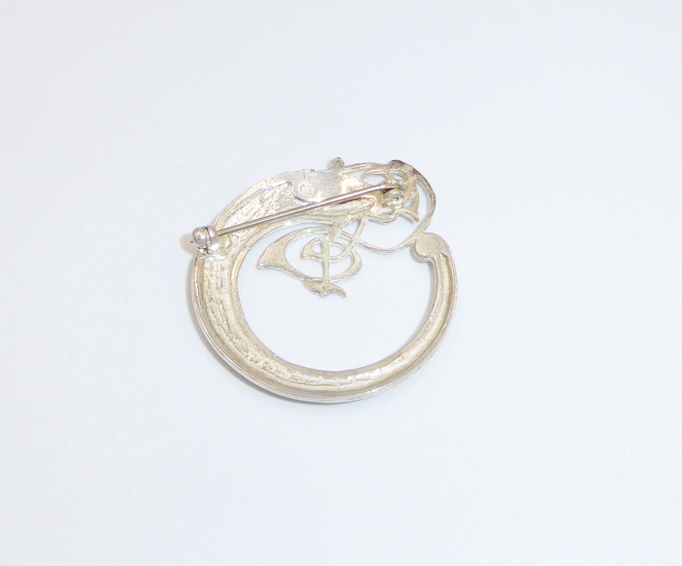 Silver vintage Celtic bird brooch by Douglas Scott, Tain, c.1990s - reverse