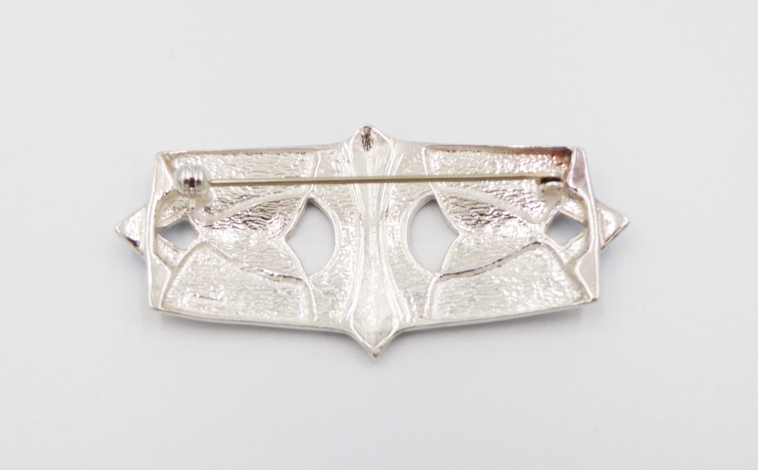 silver and enamel Art Deco inspired brooch by Pat Cheney, Argyll, hallmarked Edinburgh, c.1980s - reverse