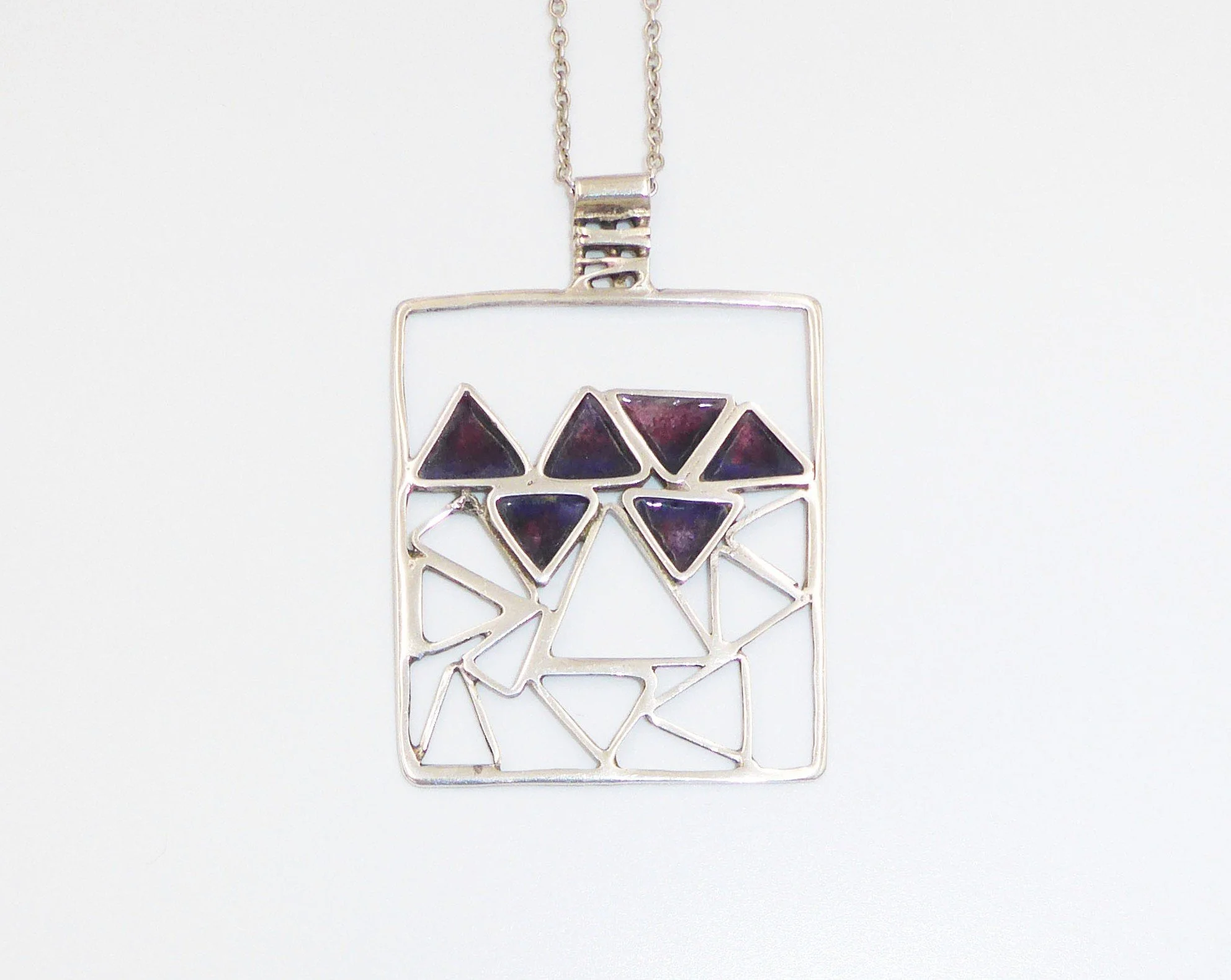 Silver and purple enamel pendant and chain by Norman Grant (1943-2017), hallmarked Edinburgh, 1973 - front 1