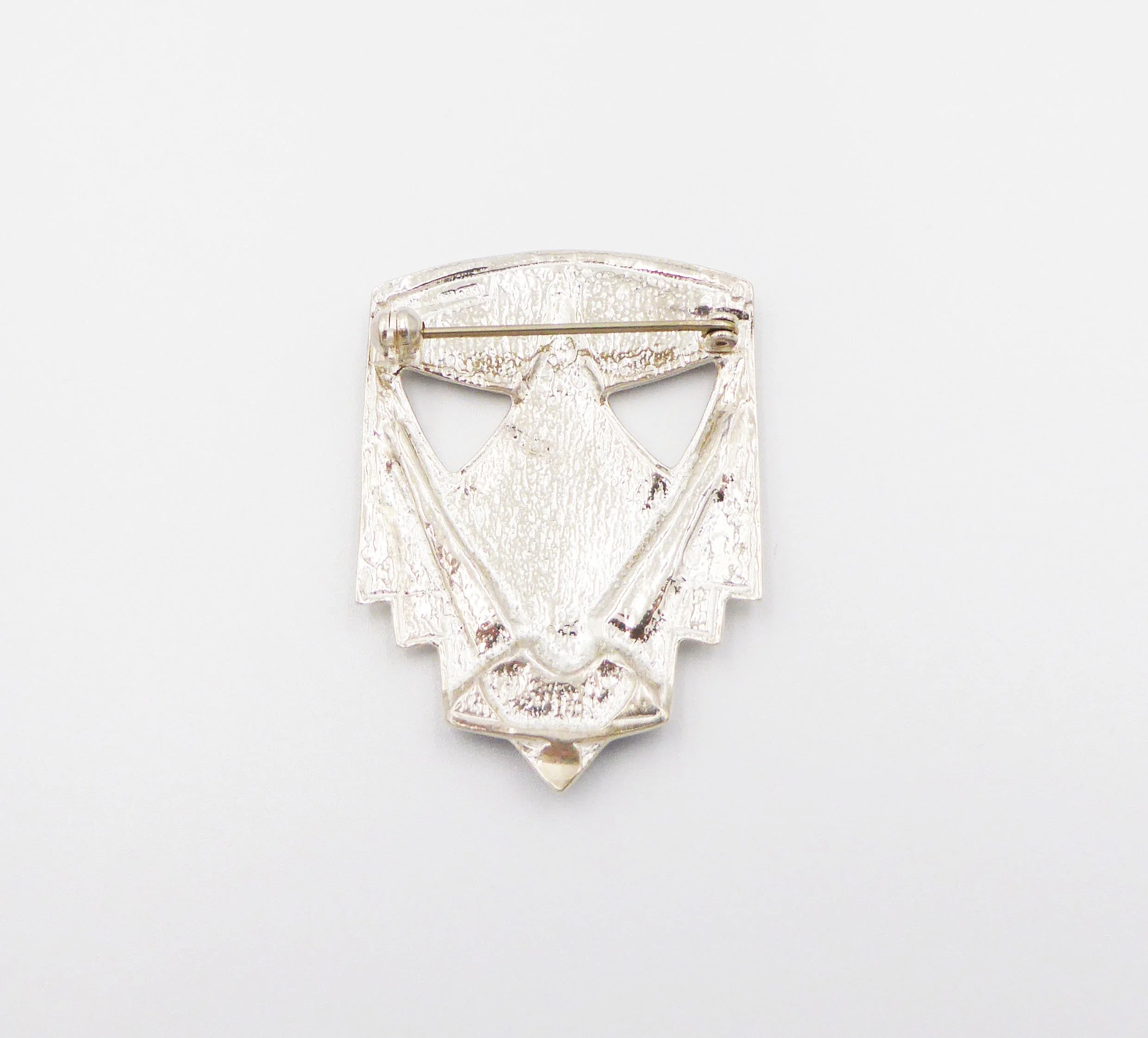 silver and enamel Art Deco inspired brooch by Pat Cheney, Argyll, hallmarked Edinburgh, c.1980s - reverse