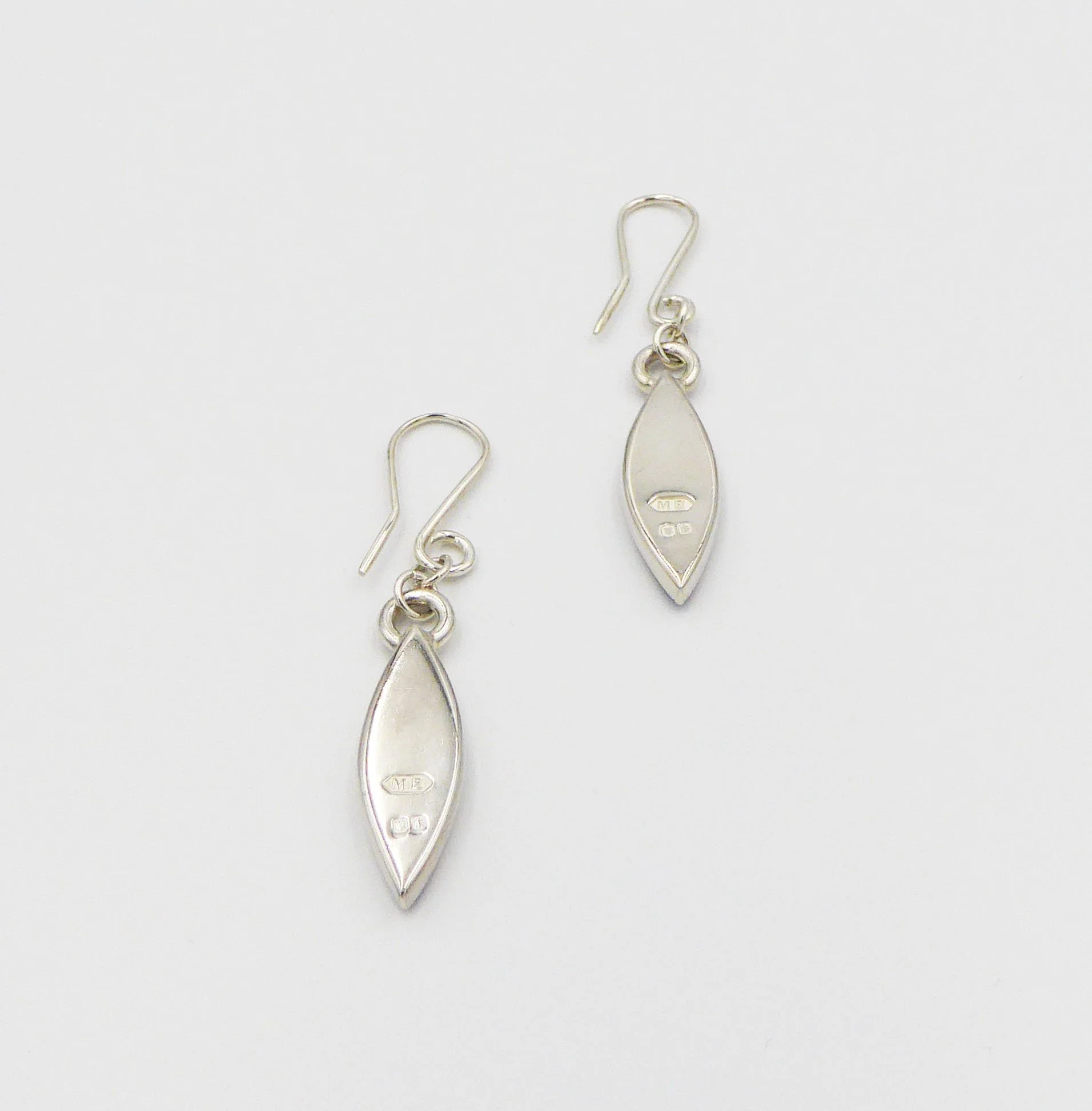 Silver and enamel drop earrings by Maureen Edgar, hallmarked Edinburgh - reverse