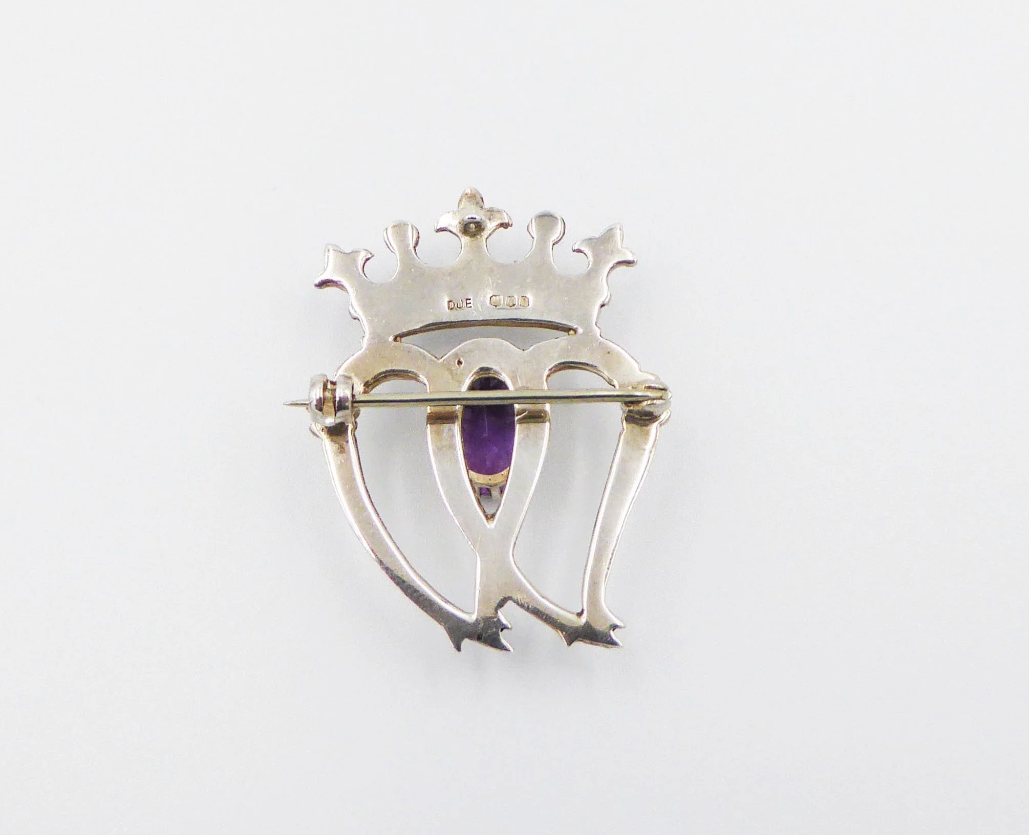 A Scottish silver and amethyst luckenbooth (heart brooch) by Douglas J. Ewing, Edinburgh, 1970 - reverse