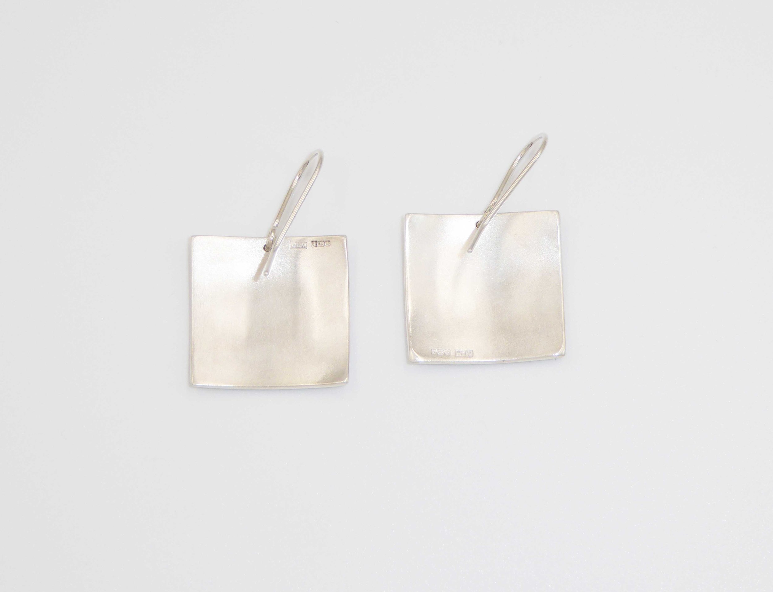 Silver and enamel square drop earrings by Jane Moore, Leamington Spa, hallmarked Birmingham, 1997 - reverse