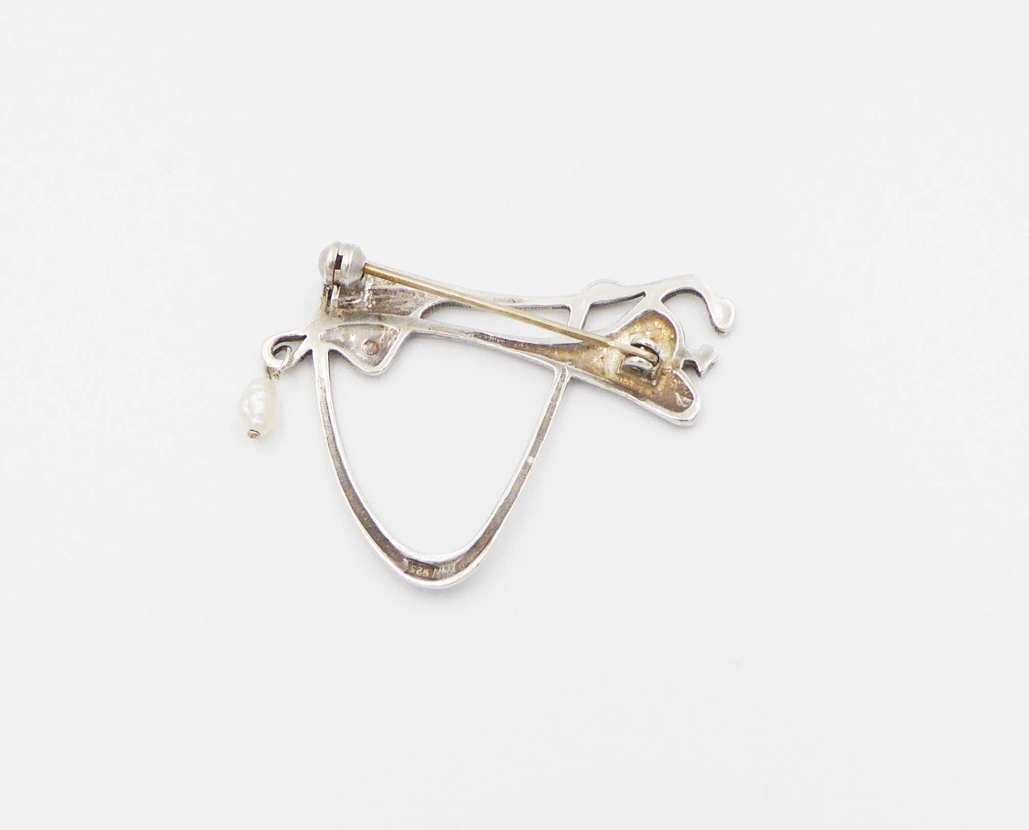 silver and pearl Art Nouveau inspired brooch by Malcolm Grey, Orkney, c.1990s, possibly designed by Pat Cheney, Argyll - reverse