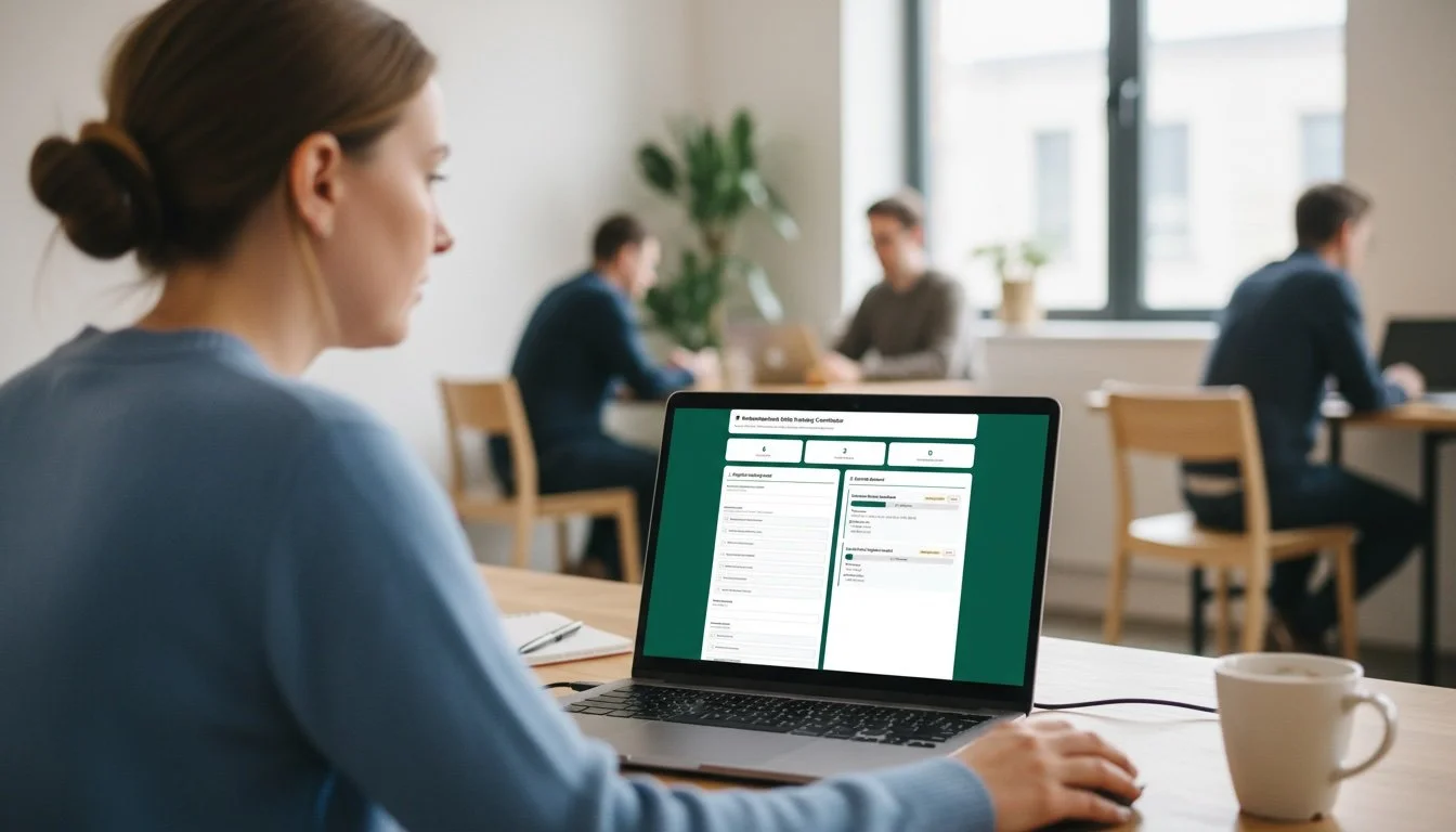 Someone on a laptop in a co-working space using the early prototype of the Skills Needs Coordinator