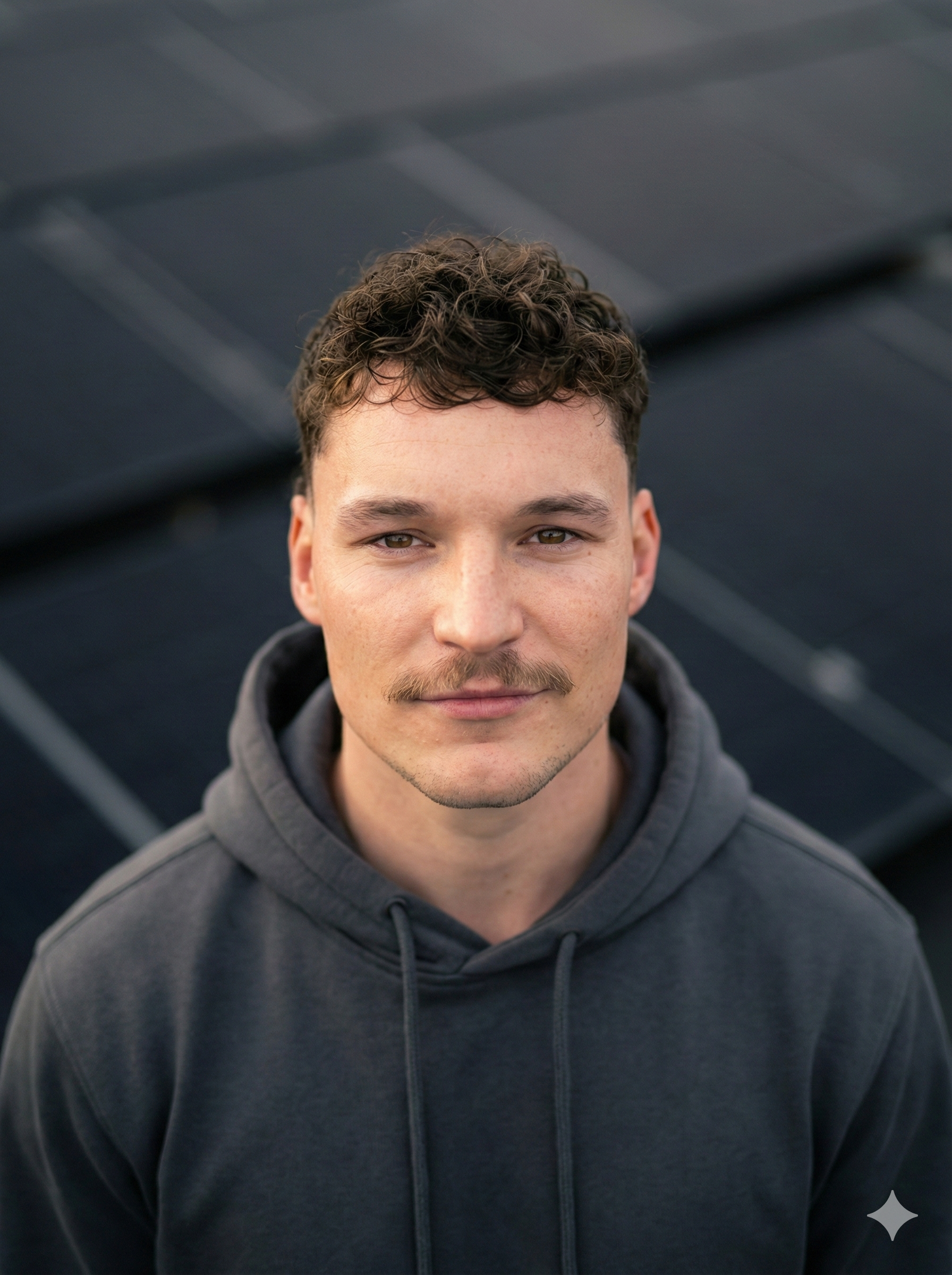 Junger Mann mit Baseballcap, schwarzen T-Shirt mit Flammen-Design, enge Arme, lächelnd, in Flur mit Türen im Hintergrund.