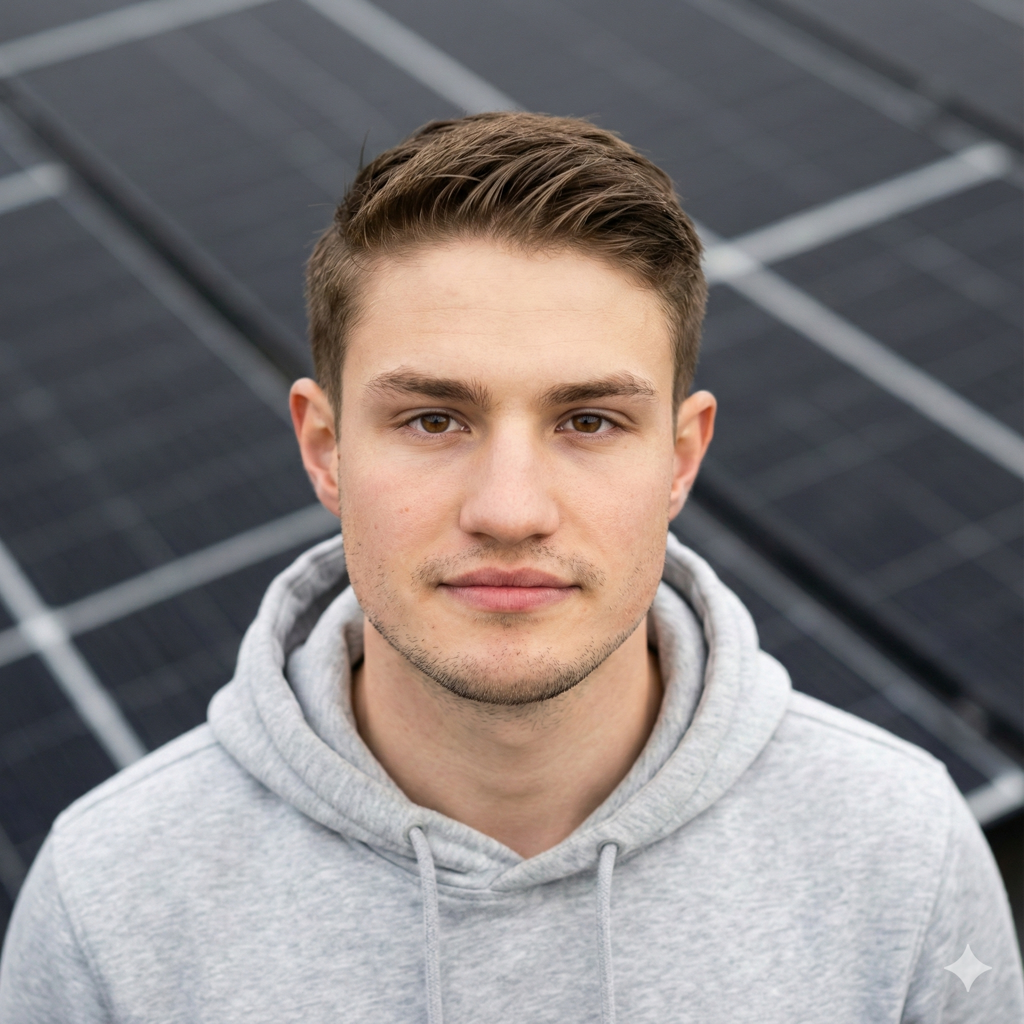 Porträt eines jungen Mannes mit dunklem Hemd und kurzen, dunklen Haaren vor hellem Hintergrund.