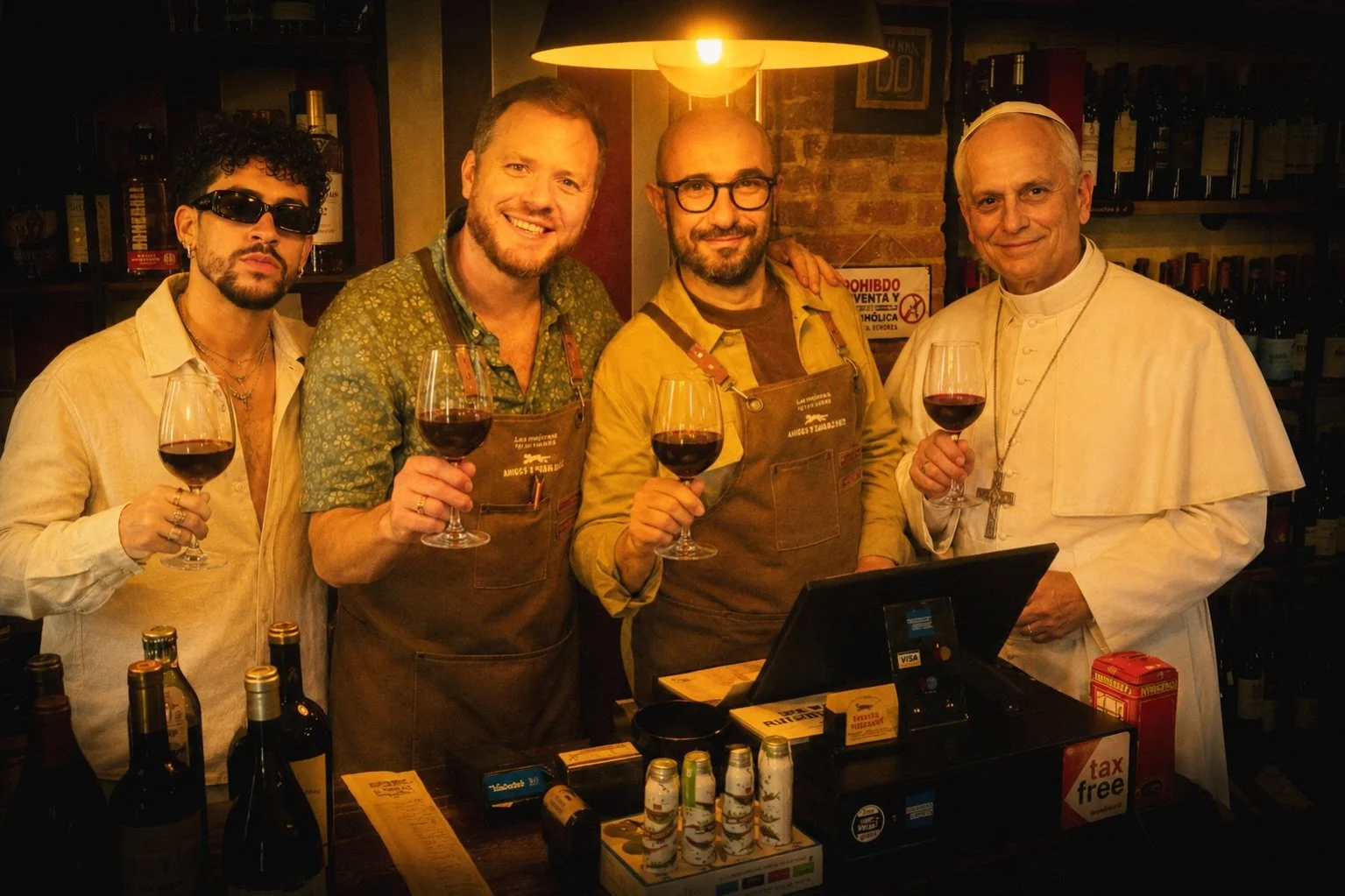 Bad Bunny and The Pope are here at the same time in Madrid. Now, you are more than welcome to come to your own conclusions whether you think this image is real or not. The point is our shop serves all wine needs from the reggaeton lover to the papal 
