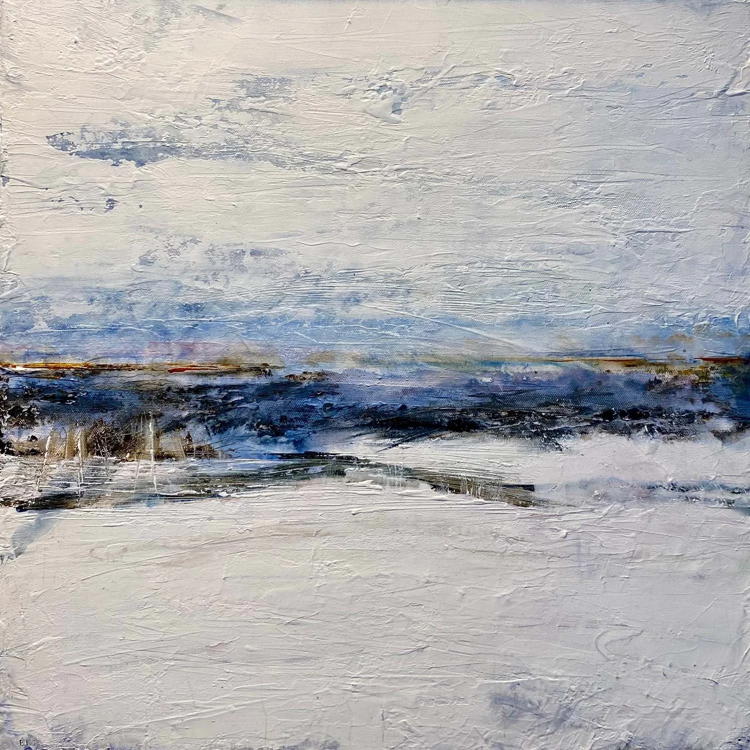 Bright white landscape painting with indistinct blues and greens in distance 