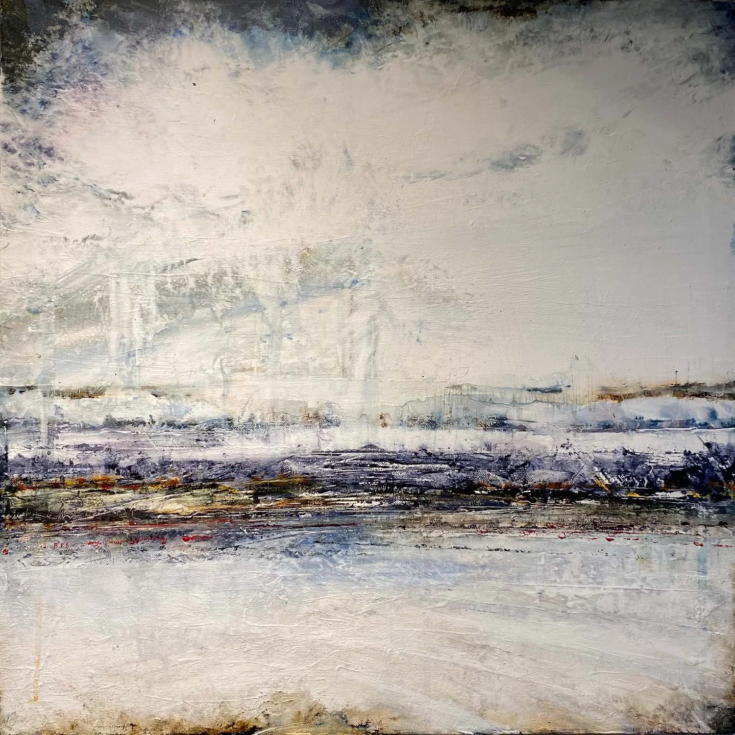 moody landscape painting with bright sky above and sand in foreground and brooding darkness on the horizon