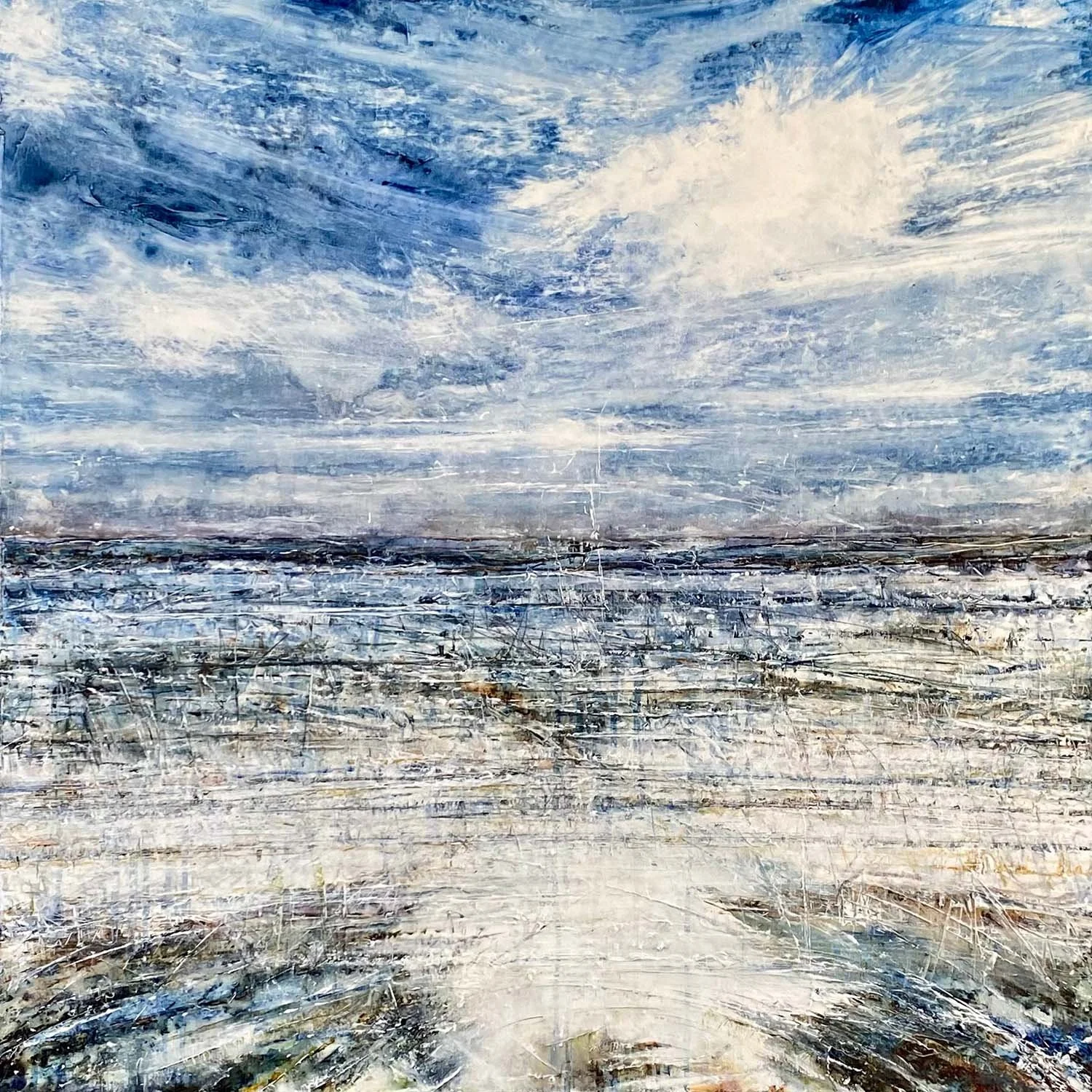Abstract seascape painting with shades of blue, white, gray, and black, featuring textured, brushstroke patterns visible across the canvas.