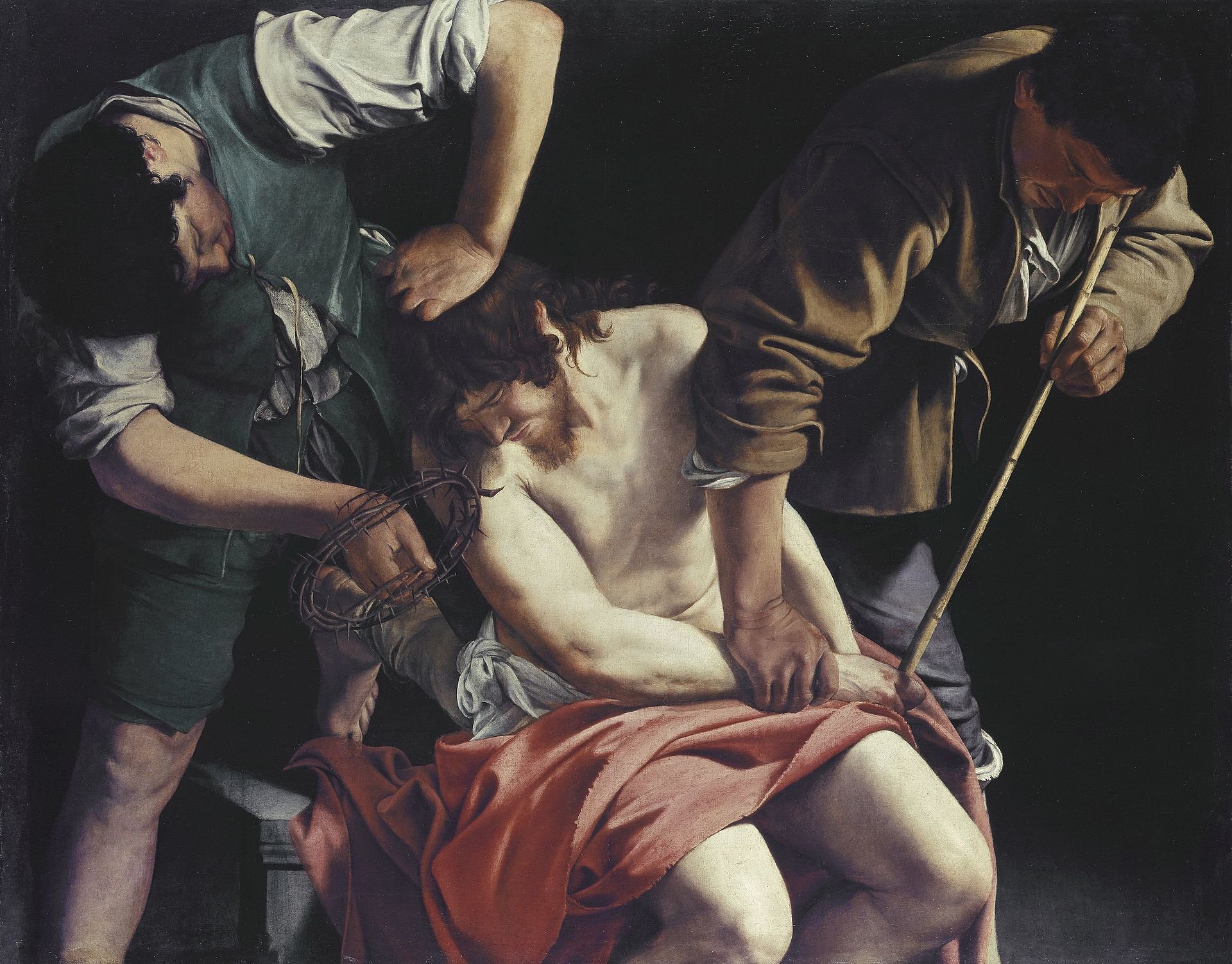 Christ being crowned with thorns, by Orazio Gentileschi, where a man is tortured by putting a crown on it, the picture is an illustration of Johann Sebastian Bach Passion used in Jurgis Kubilius text