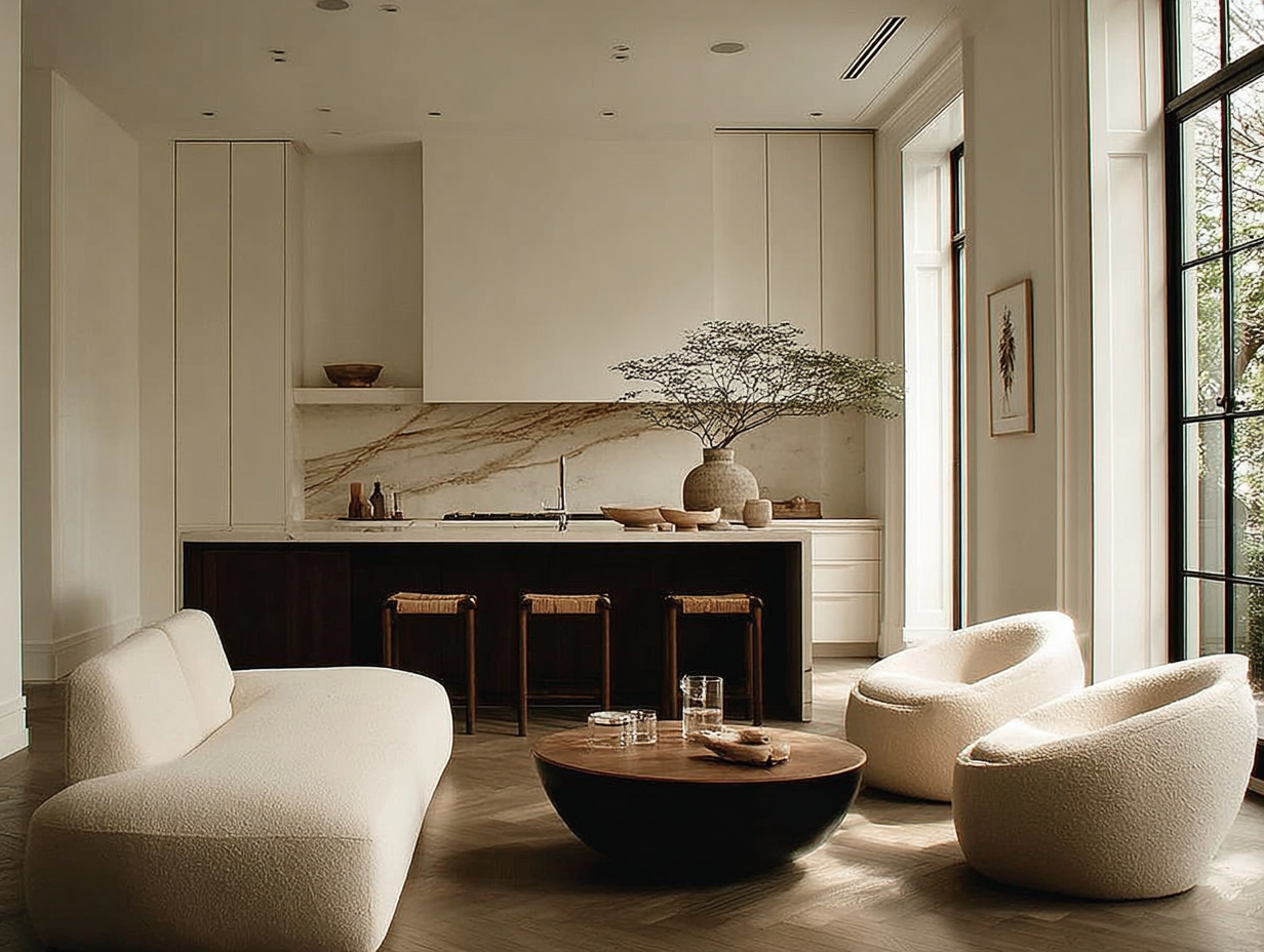 Bright, modern living room with cream-colored sofas and chairs, open kitchen with marble backsplash, large windows with black frames, and a decorative plant in a vase.