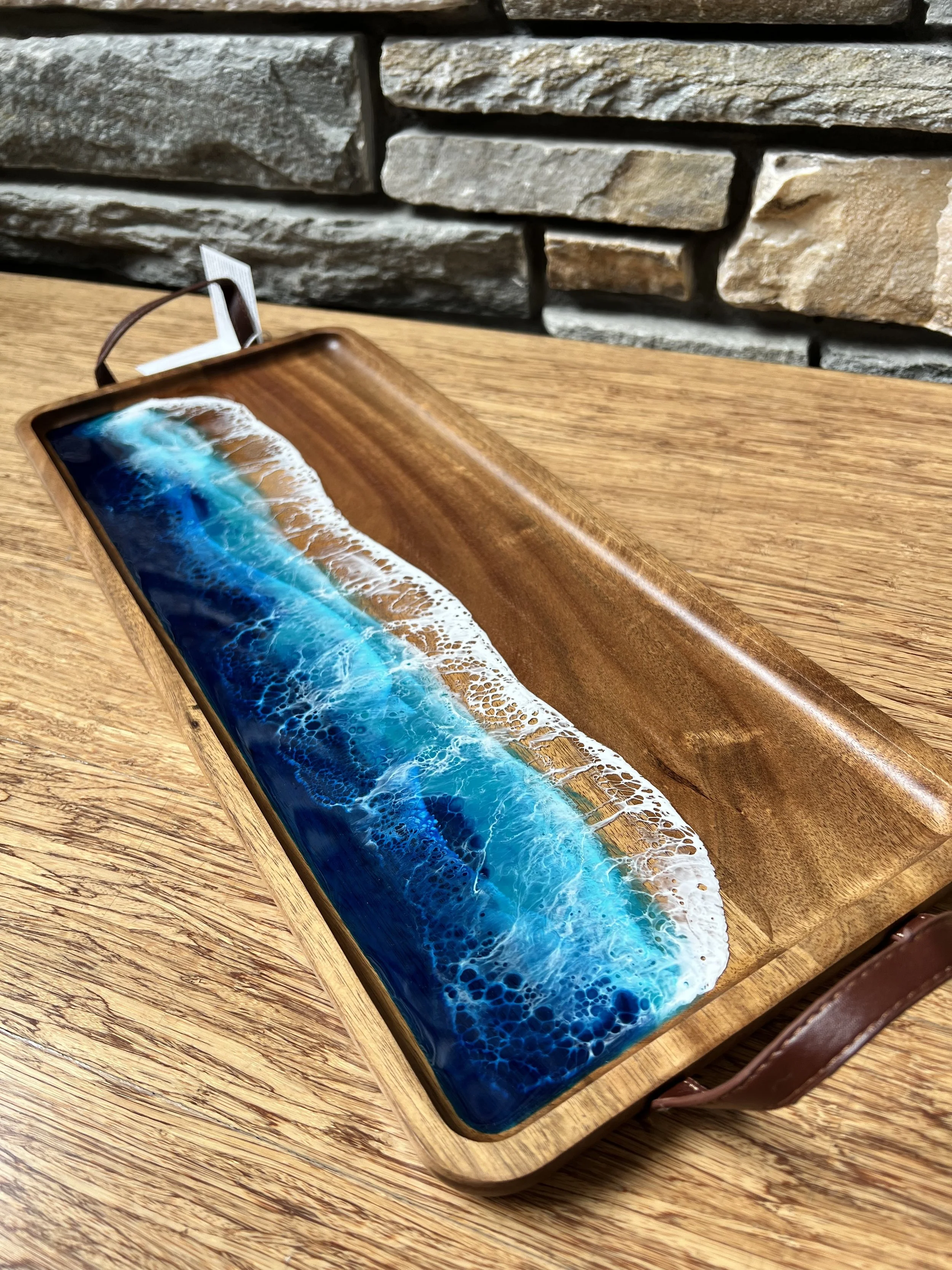 Acacia tray with leather handles