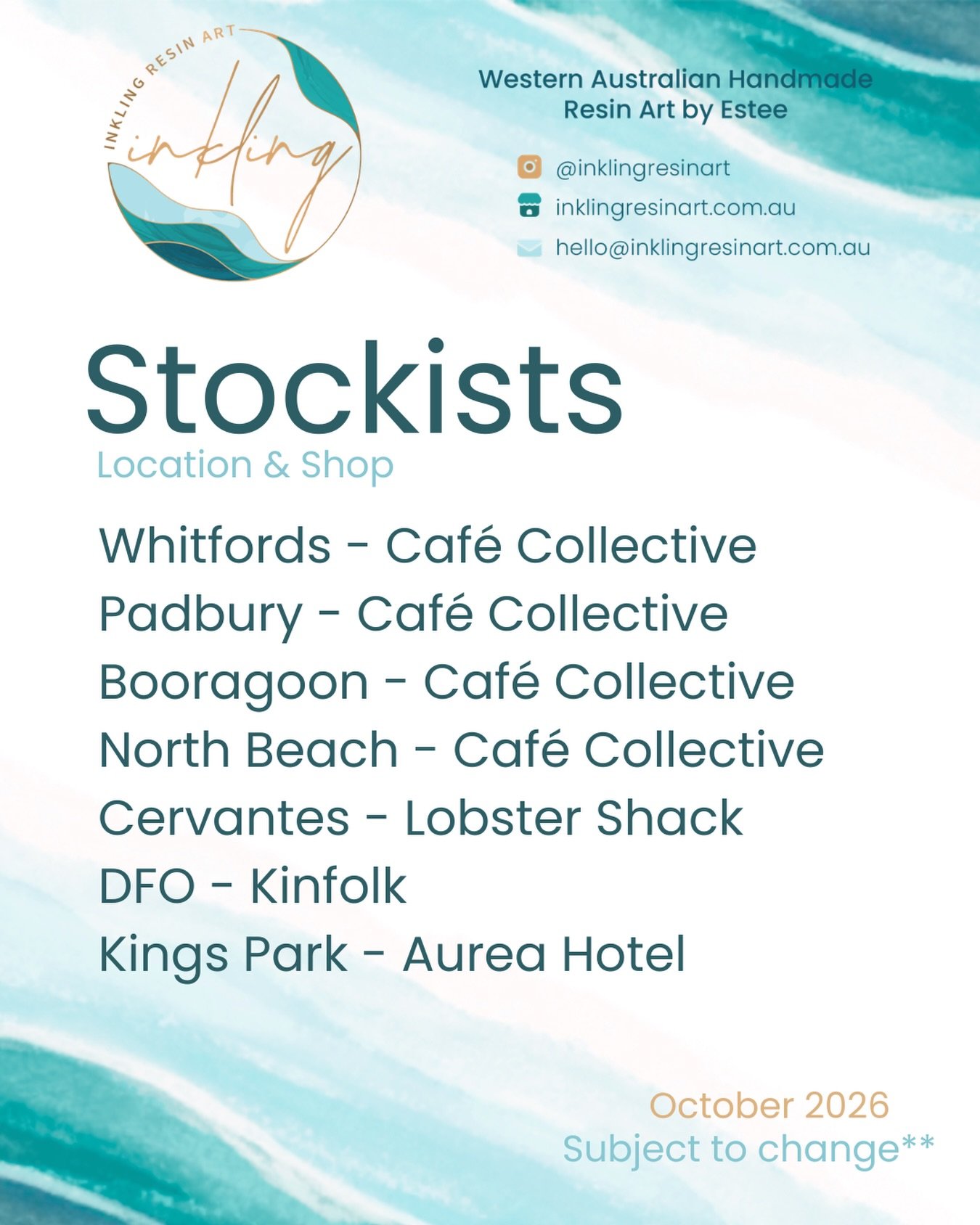 A little update on where you can find my ocean resin art 🌊 Pop into one of these lovely stockists for a browse, or shop online at inklingresinart.com.au 🤍 All handmade by me in my little Perth studio, with a bit of the WA coast in every piece.