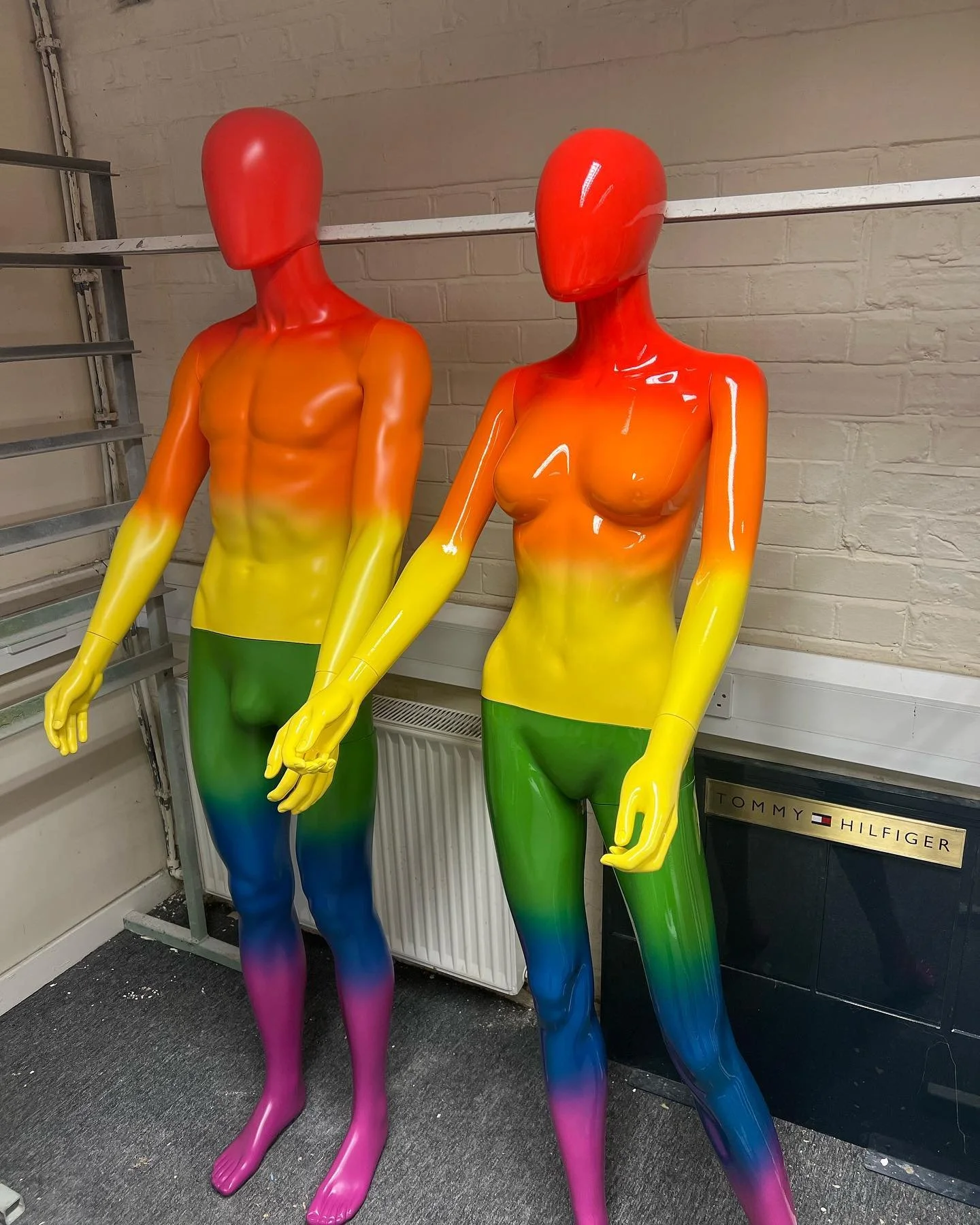 An unusual request from a customer to spray some mannequins in the rainbow colours #gay #gaypride #mannequin #rainbow #interiordesign #spraying #aps_sprayers #rainbowflag #spray