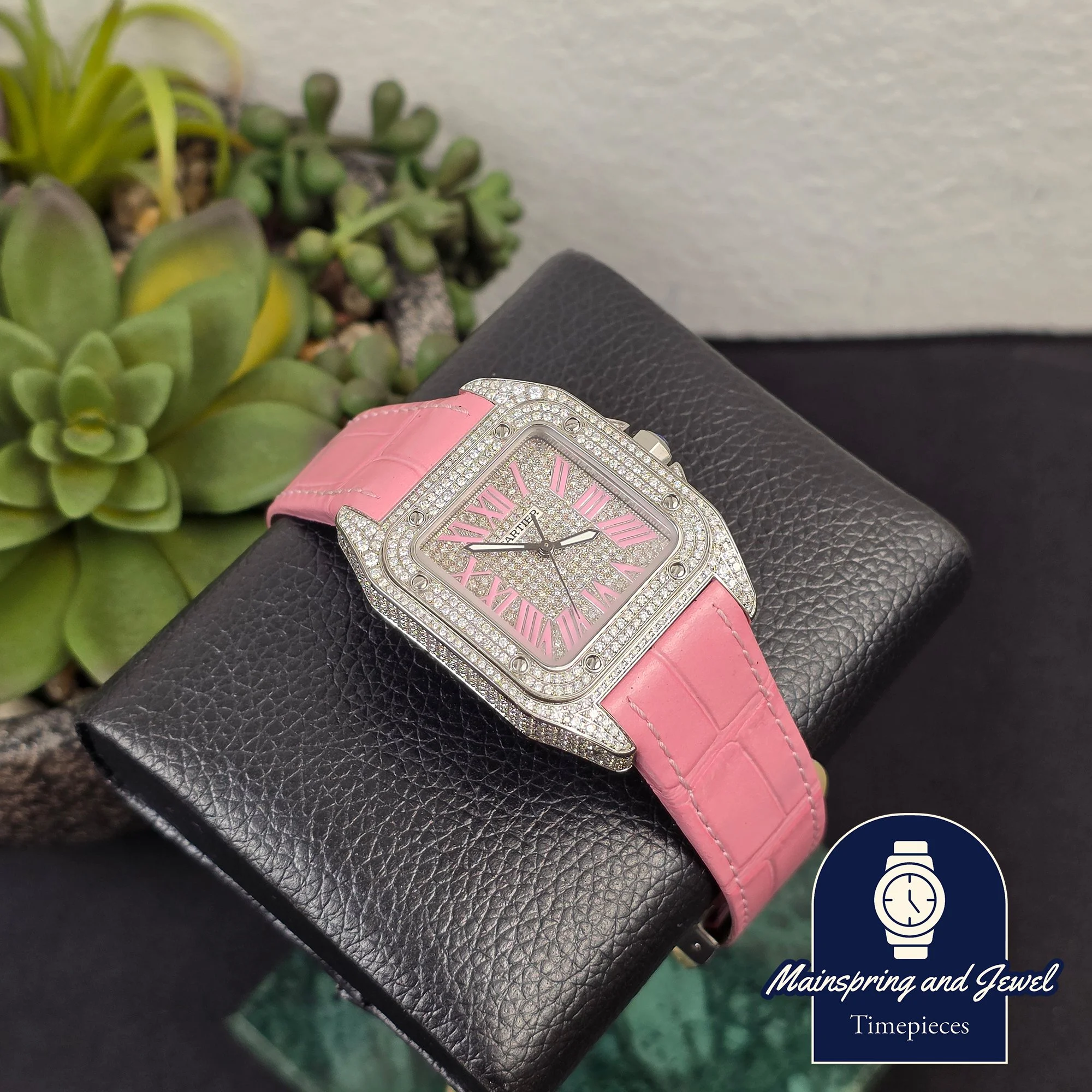 Cartier Santos 100 - Iced Pink Dial - Aftermarket Bussdown w/ Pink Leather Strap