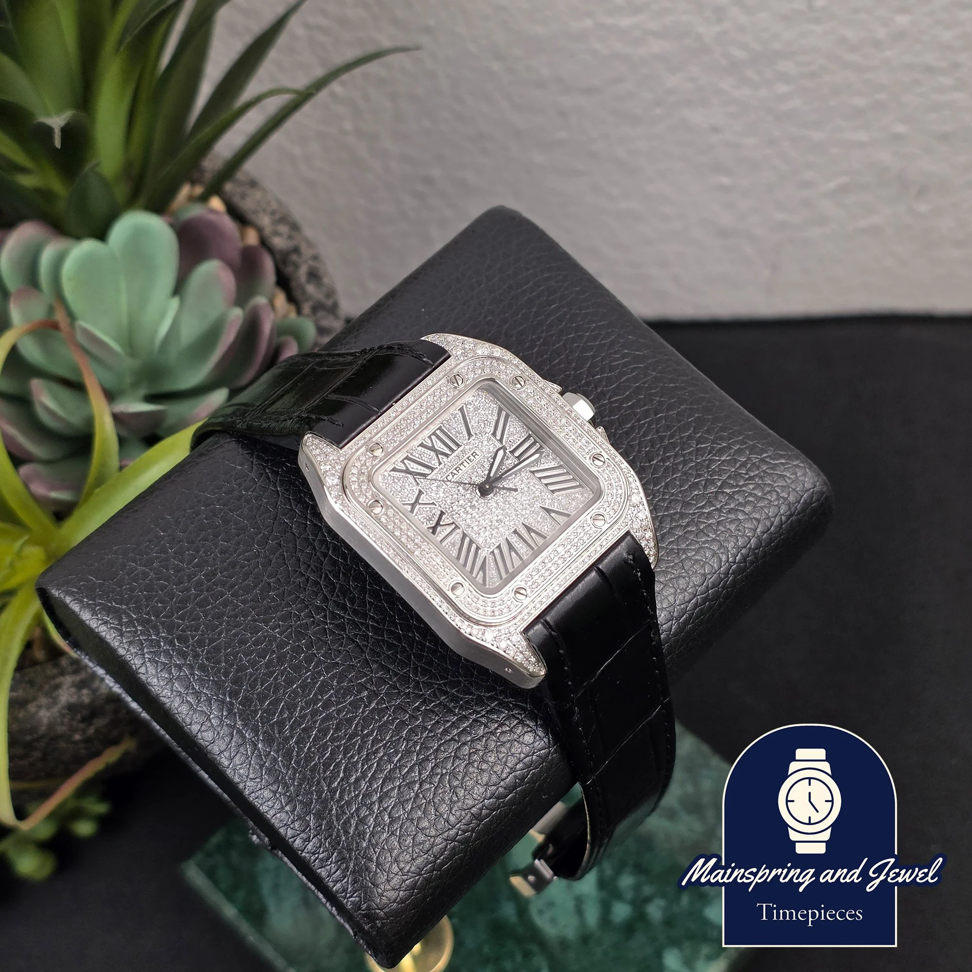 Cartier Santos 100 - Aftermarket Bussdown w/ Iced Dial & Black Leather Strap
