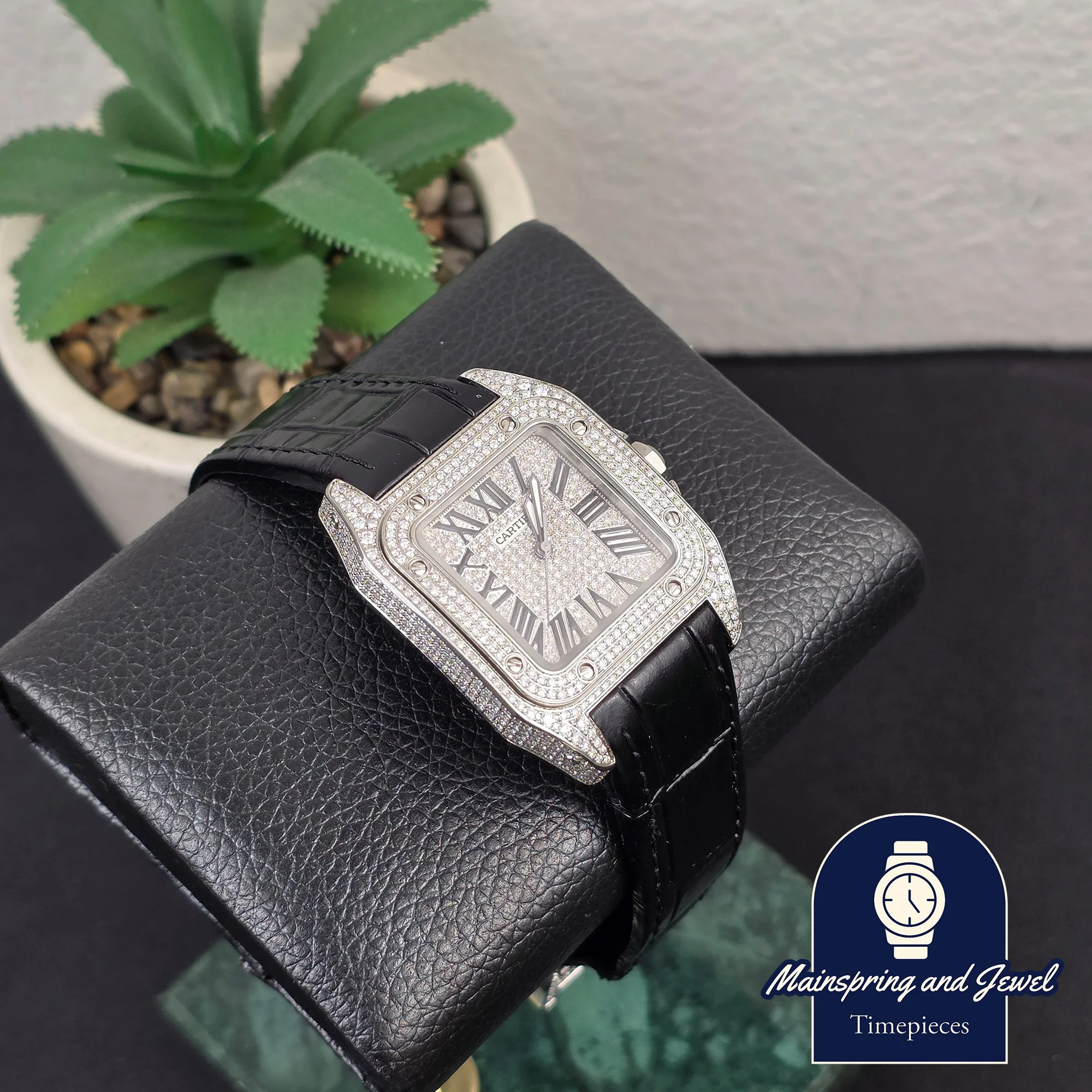 Cartier Santos 100 - Iced Black Dial - Aftermarket Bussdown w/ Black Leather Strap