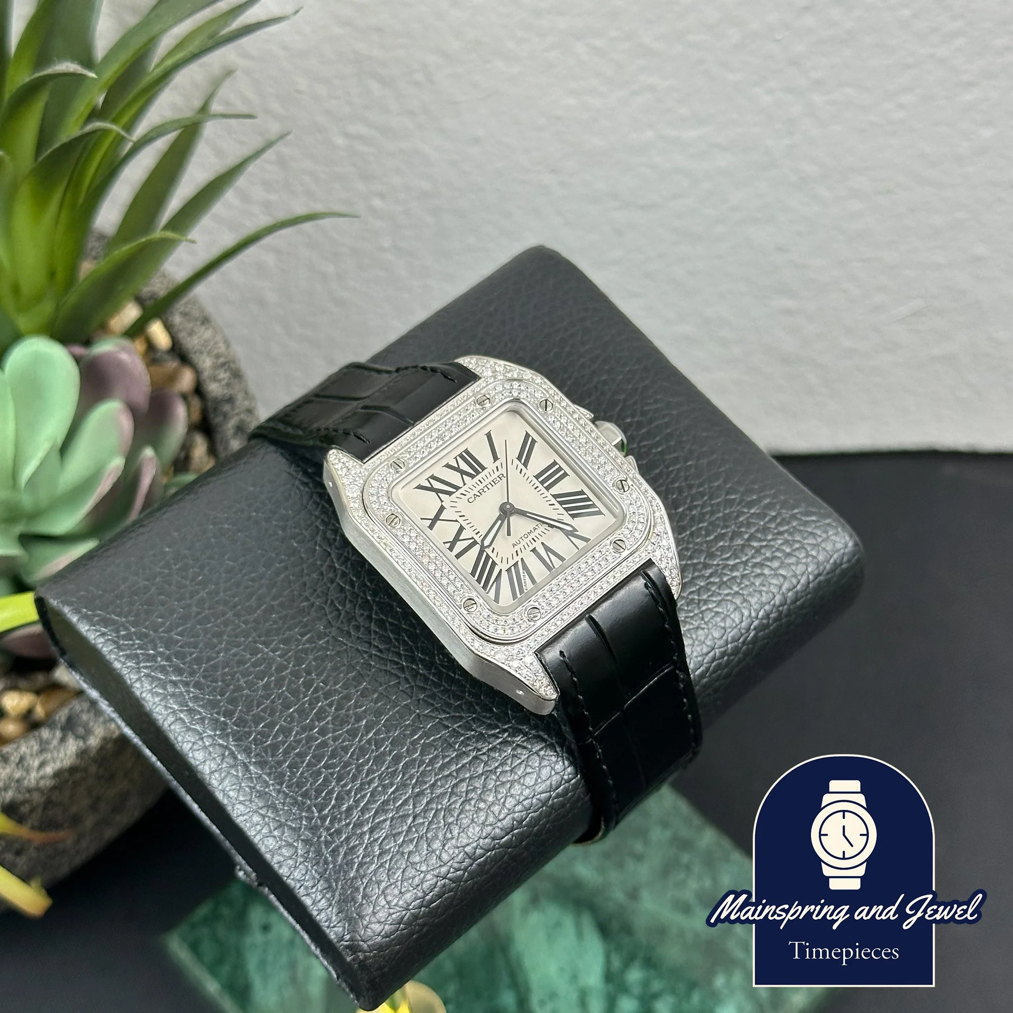 Cartier Santos 100 - Aftermarket Bussdown w/ Black Leather Strap