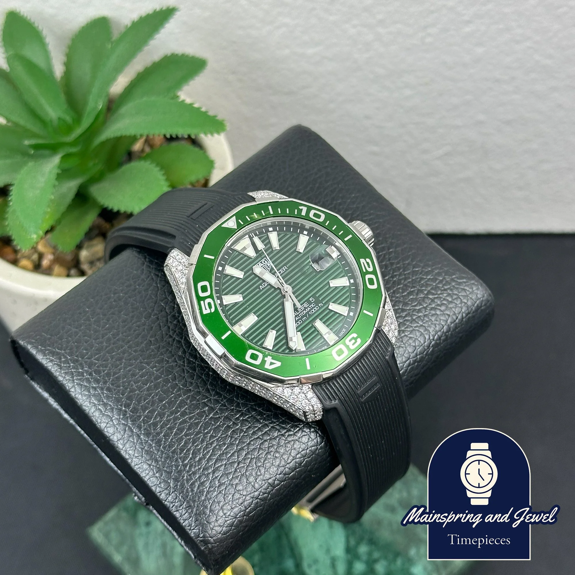 TAG Heuer Aquaracer Calibre 5 Automatic - Green - Aftermarket Bussdown (Lab Diamonds)