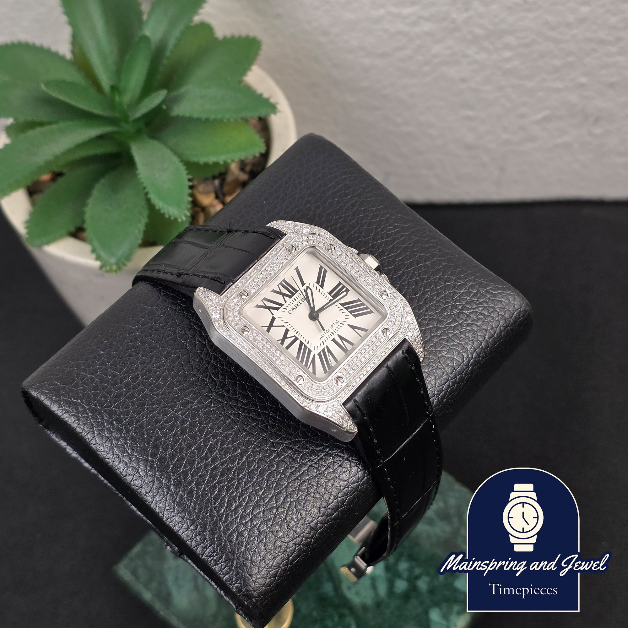 Cartier Santos 100 - Aftermarket Bussdown w/ Black Leather Strap