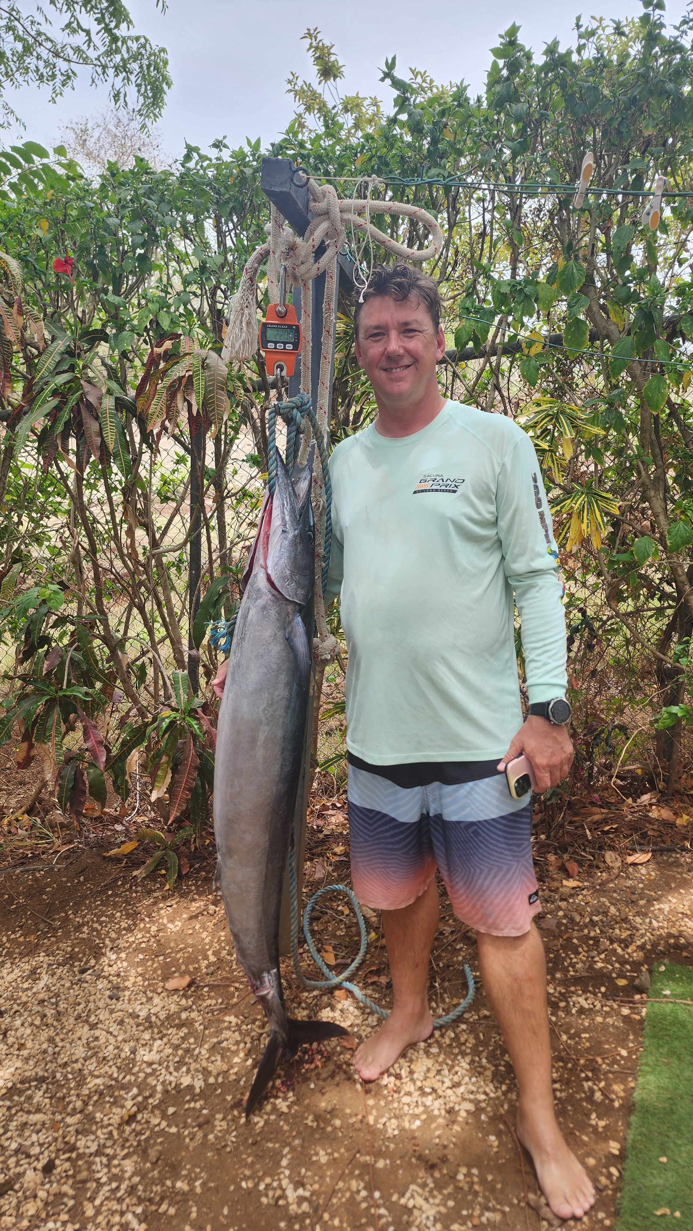 Altum Spearfishing guide after on an open spearfishing tour in Flamingo Bay, Costa Rica holding a freshly caught Wahoo. Private Reef Charter, Blue Water, Tuna, Grouper, Mackerel, Trevally, Snapper, Pompano, Potrero, Tamarindo
