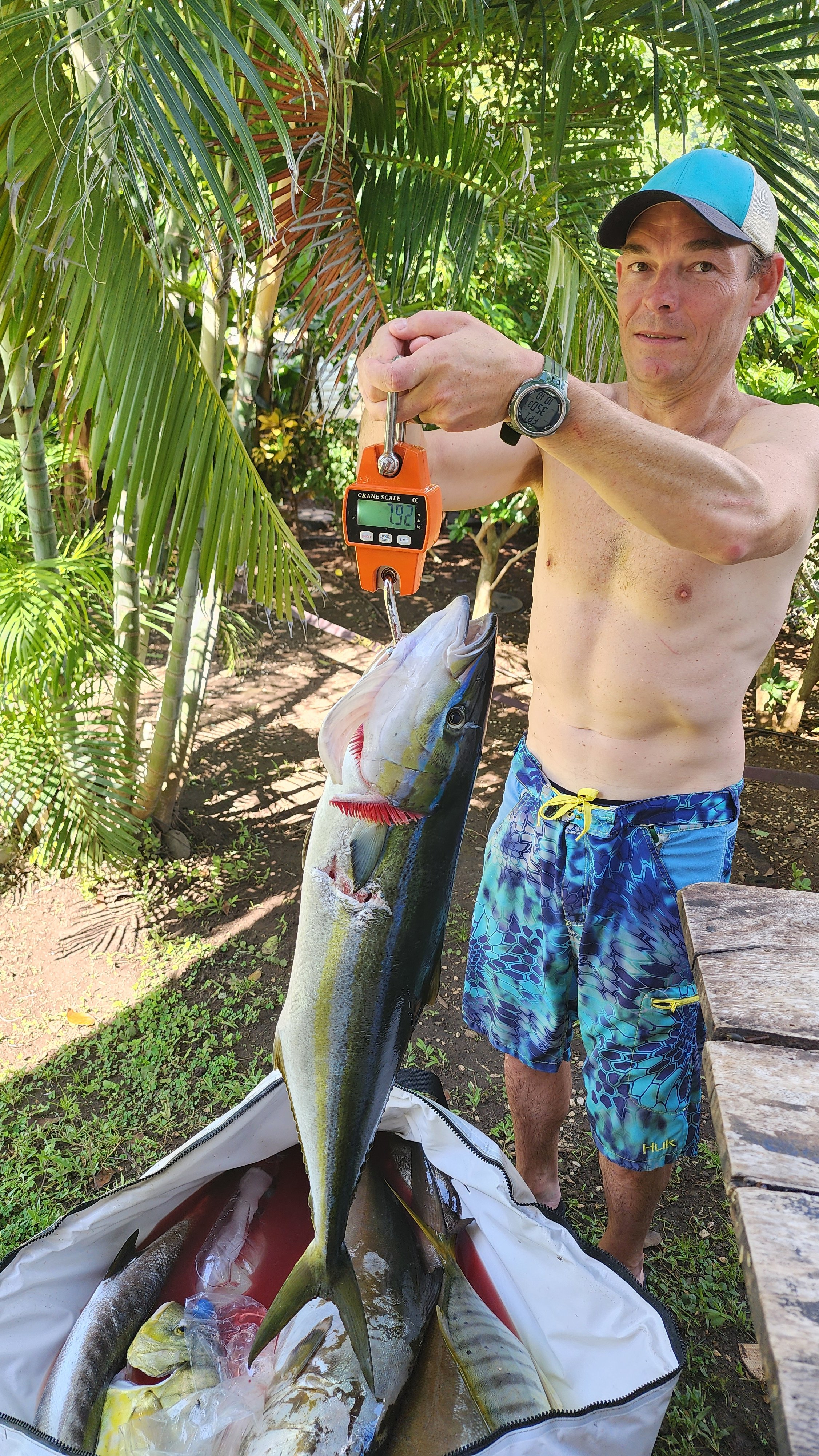 Spearfisher on Altum's boat the Sick Love on a private spearfishing charter in Flamingo Bay, Costa Rica holding a freshly caught Yellowfin Tuna. Reef Charter, Blue Water, Amberjack, Grouper, Wahoo, Trevally, Snapper, Pompano, Potrero, Tamarindo