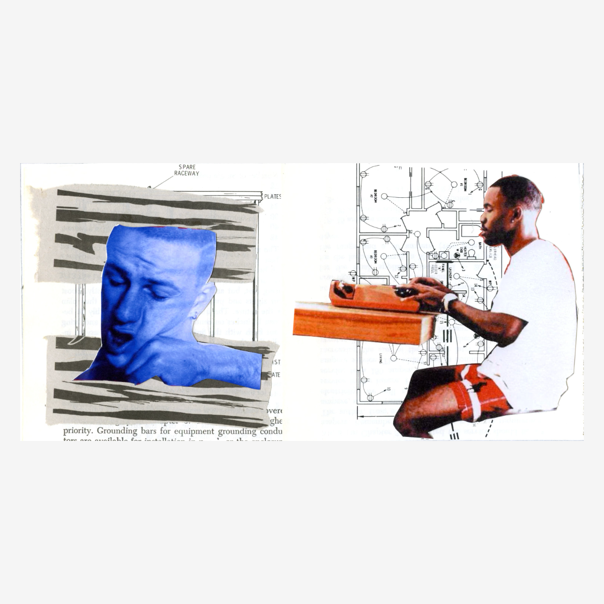 A collage featuring a blue-tinted sculpture of a person's head on a paper background with text, and a man playing a keyboard against architectural blueprints.
