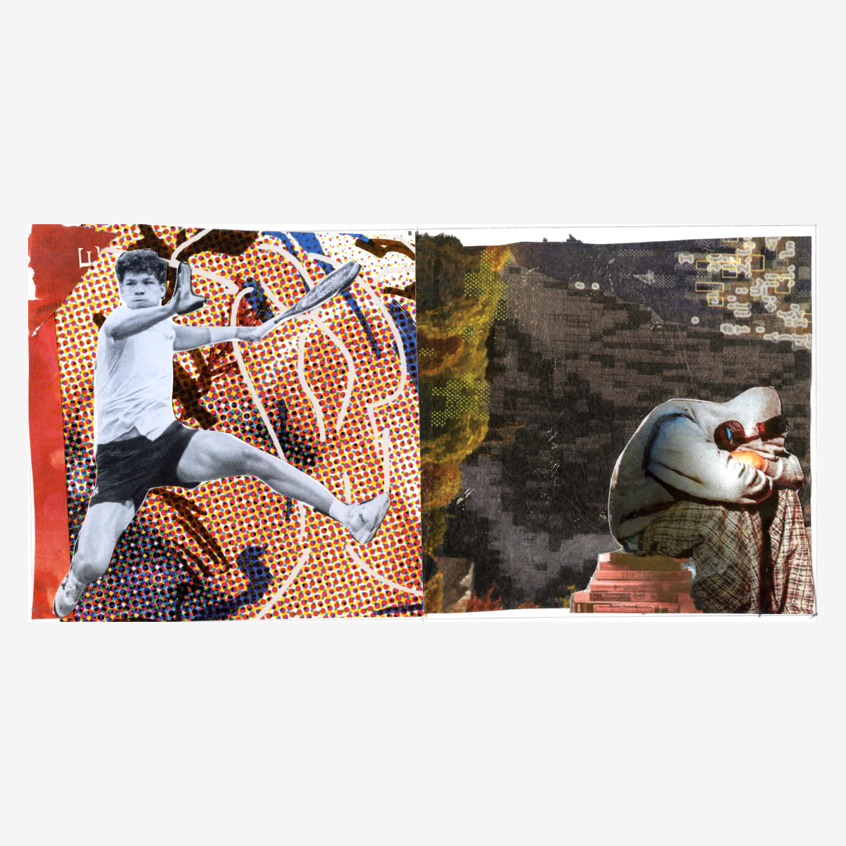 Collage of two images: on the left, a black and white cutout of a woman playing tennis with a colorful, abstract background; on the right, a collage of a person lying down with headphones in front of a pixelated landscape with trees and a starry nigh