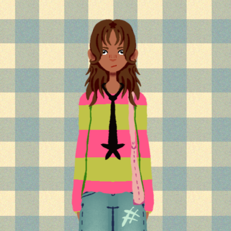 Illustration of a girl with wavy brown hair, wearing a colorful striped sweater and blue jeans, standing against a checkered background.