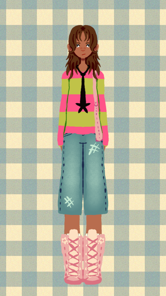 A young girl with long, wavy brown hair stands against a checkered background, wearing a colorful striped sweater, ripped wide-leg jeans, and pink lace-up boots with fluffy fur trim.