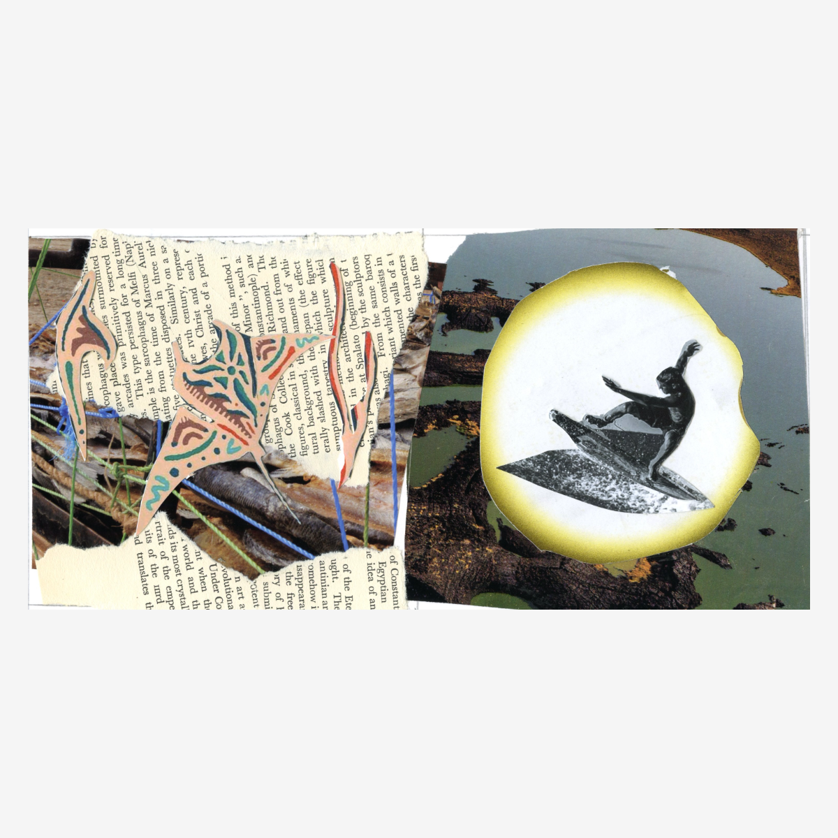 Collage of mixed media with torn newspaper, a colorful cutout of a starfish, a cutout of a surfer riding a wave inside a lemon slice, and a background of water and rocks.