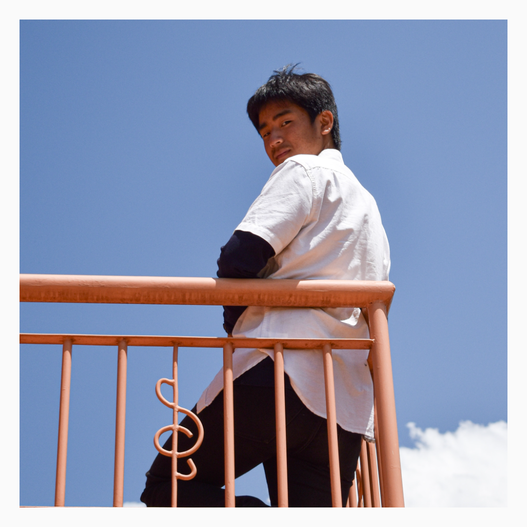 A young man leaning on a pink railing outdoors against a clear blue sky.