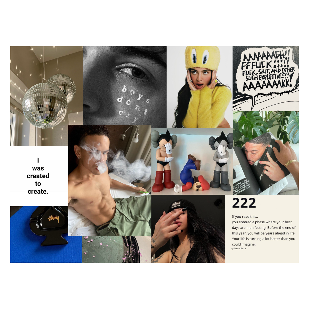 Collage of various images including disco balls, a close-up of a person's eye with text 'boys don't cry', a woman in a yellow hat and sweater, a comic speech bubble, a person exhaling smoke, animated figurines, people texting and talking on phones, a