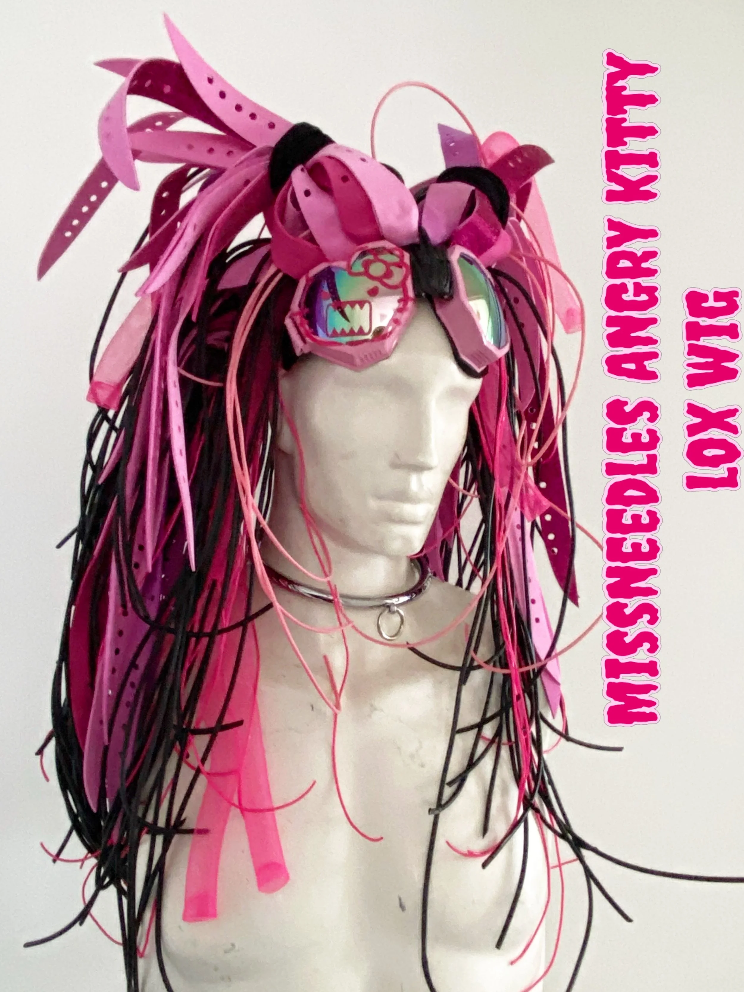 Angry kitty sweetheart pink & black Cybergoth Industrial Rubber Unisex Wig