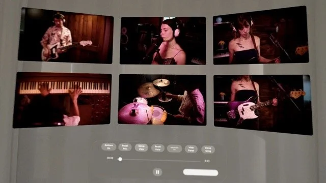 Six photos of musicians recording or performing, including a guitarist, a female singer, a bassist, a pianist, a drummer, and another guitarist.
