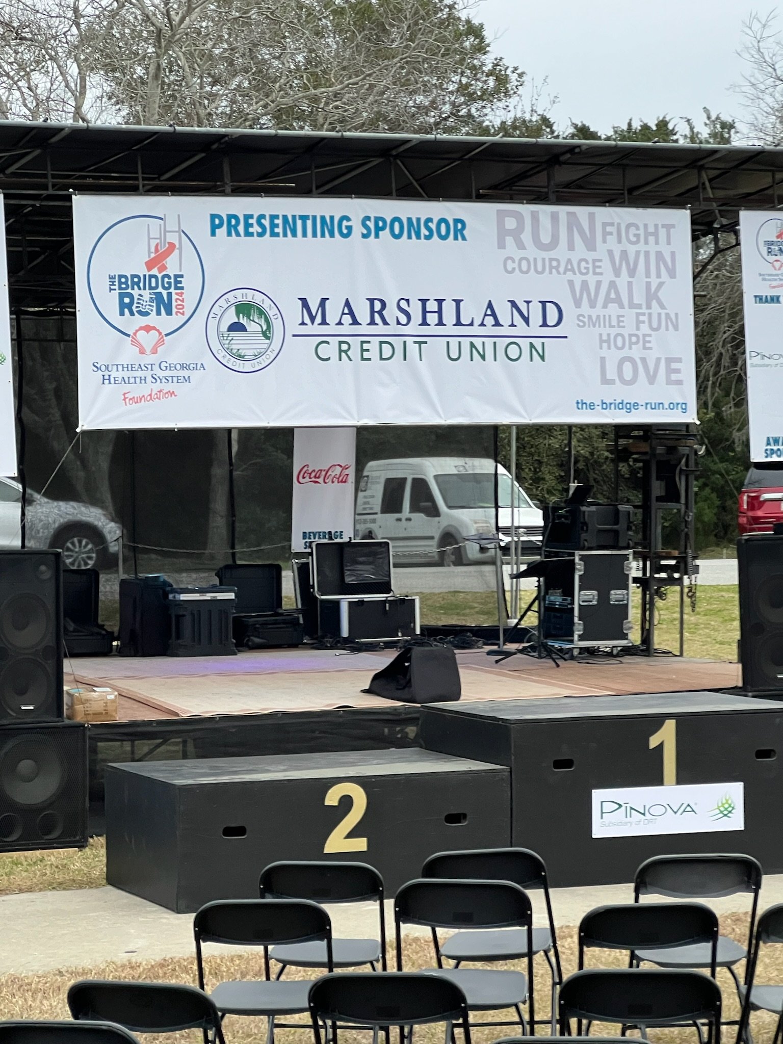 Stage at the Bridge Run, sponsored by Marshland Credit Union.