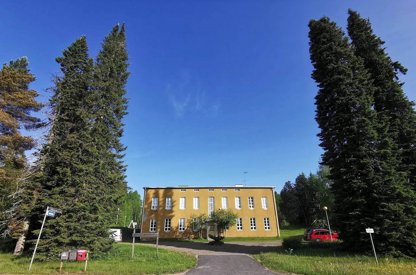 Kaksi korkeaa kuusipuuta ja koulurakennus keskellä, autoja pihalla ja tielle liittyvä liikennemerkki.