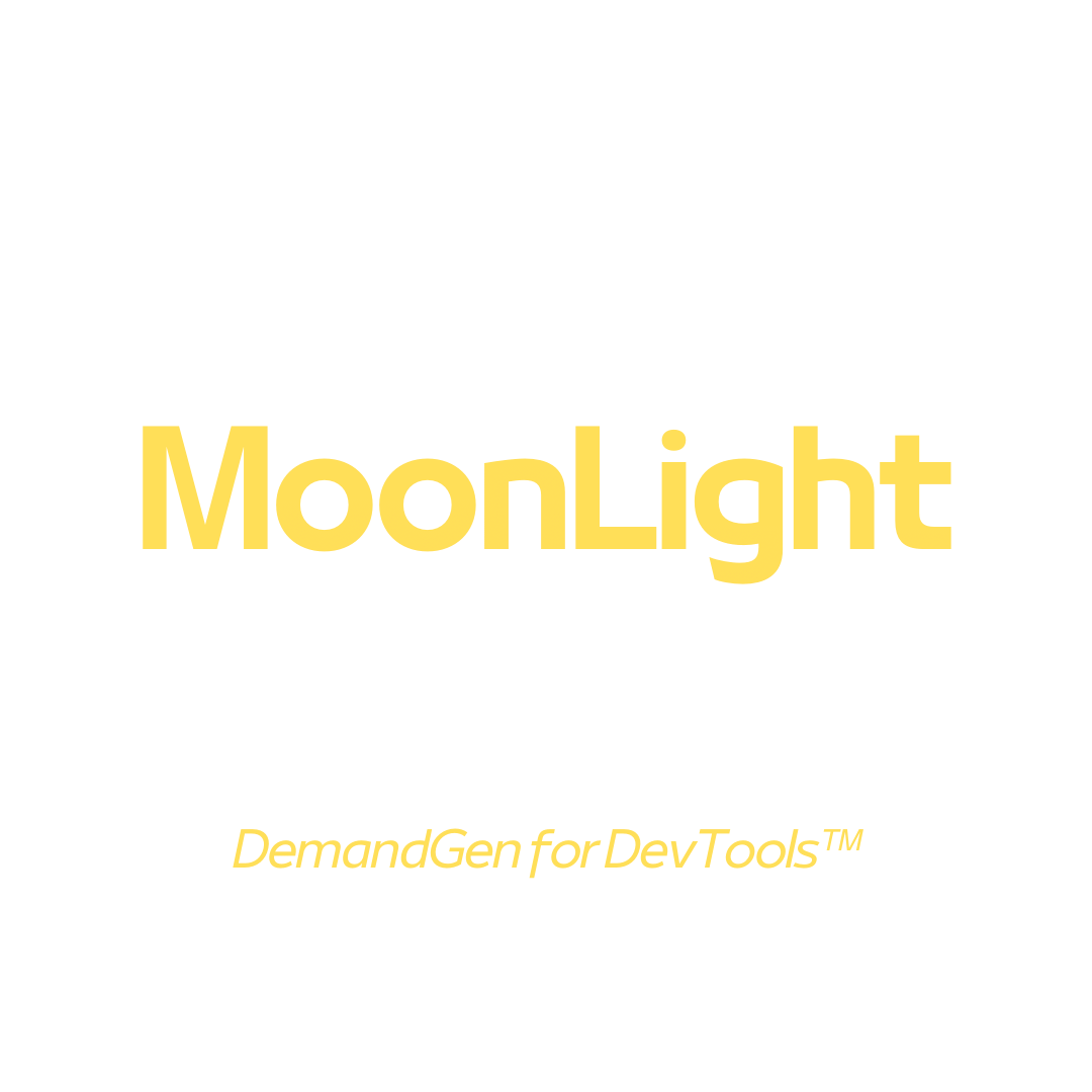 A logo with the words "MoonLight Marketing" in large yellow lettering, with "MoonLight" on top and "Marketing" below. Above the text is an HTML tag symbol in white. Beneath the main text is the slogan "DemandGen for DevTools™" in smaller white font.
