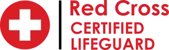 Red Cross logo with a white cross inside a red circle, alongside the text "Red Cross CERTIFIED LIFEGUARD" in red and black.