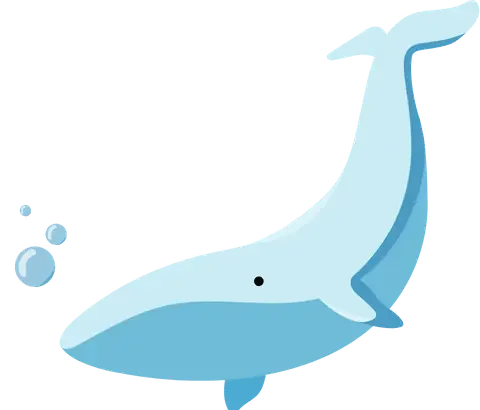 Cartoon illustration of a blue whale swimming with bubbles.