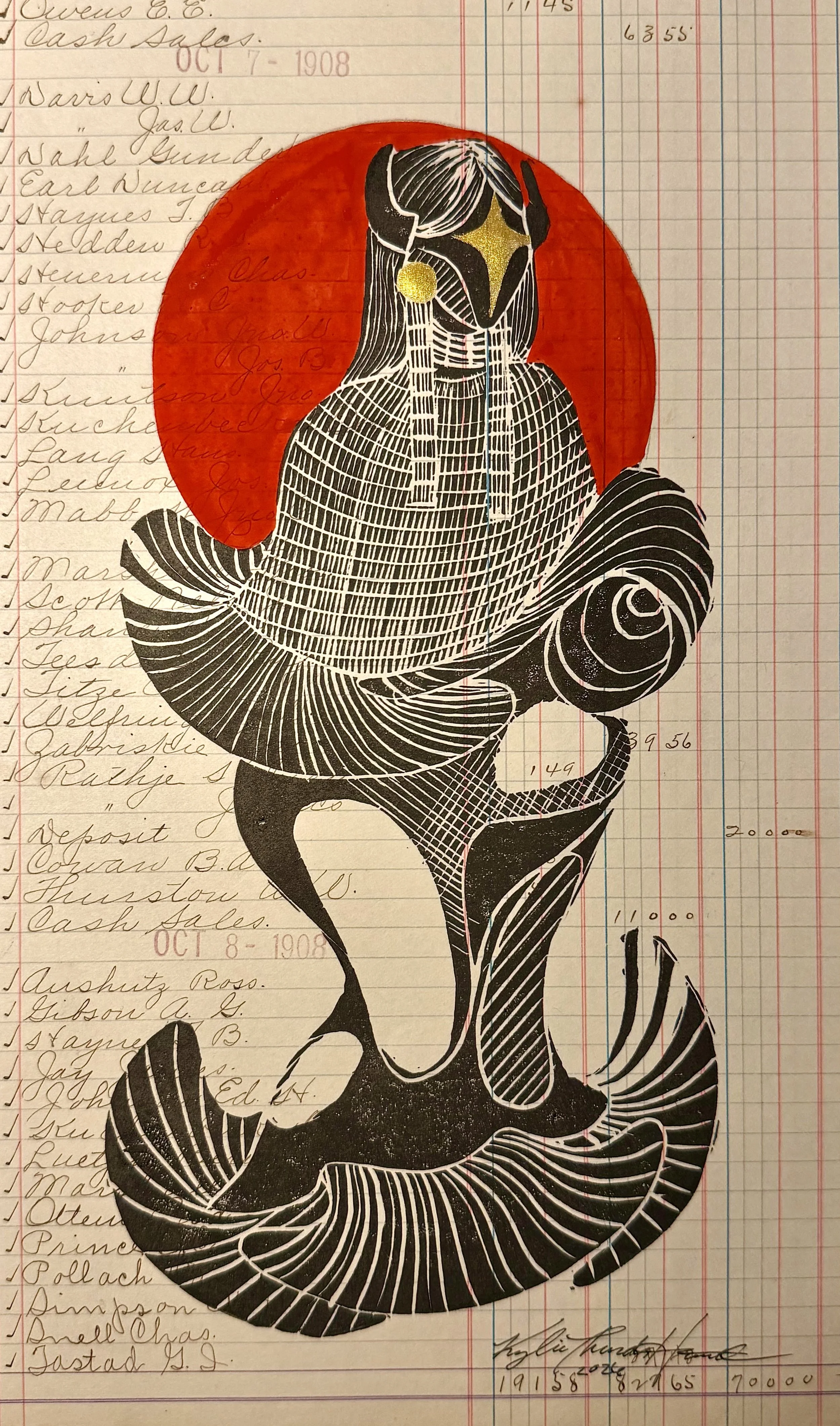 red sun buffalo lino print