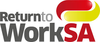 Return to Work South Australia logo with red, yellow, and black text and graphics.