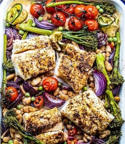 Mediterranean sea bass tray bake